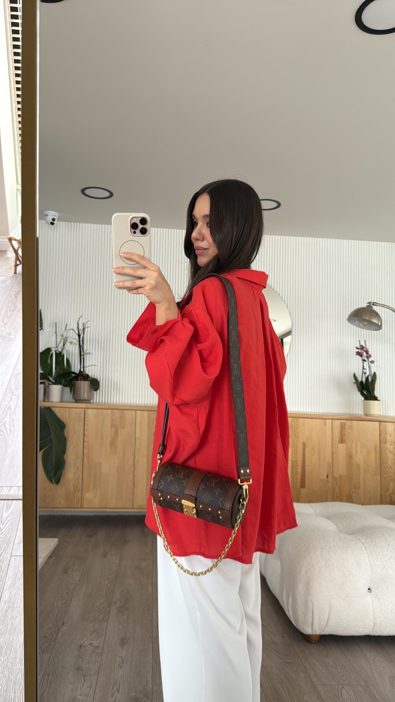 Kırmızı Tensel Kumaş Düşük Omuzlu Oversize Gömlek