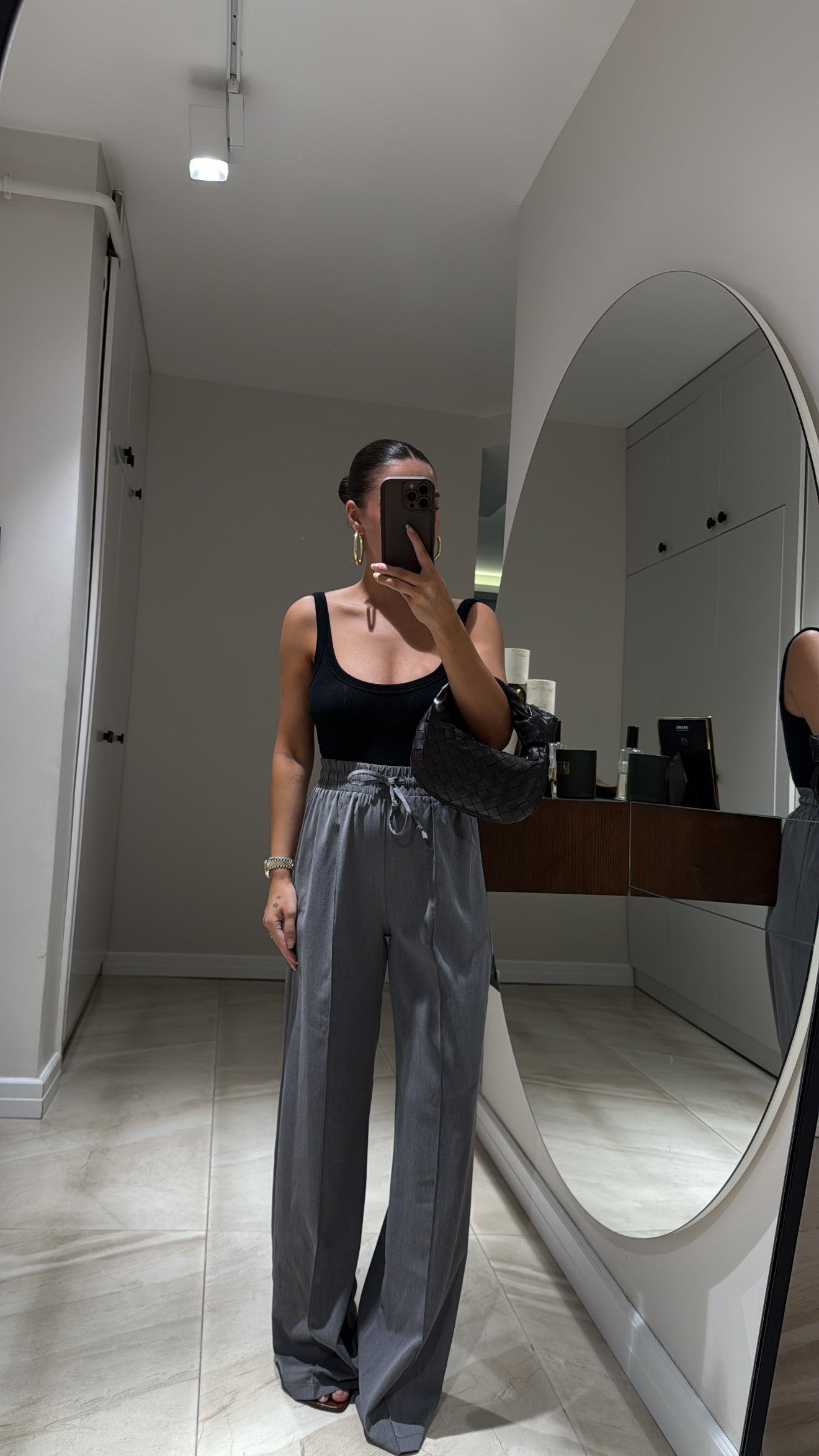 Antrasit Beli Lastikli Ön Dikiş Detaylı Bol Pantolon 