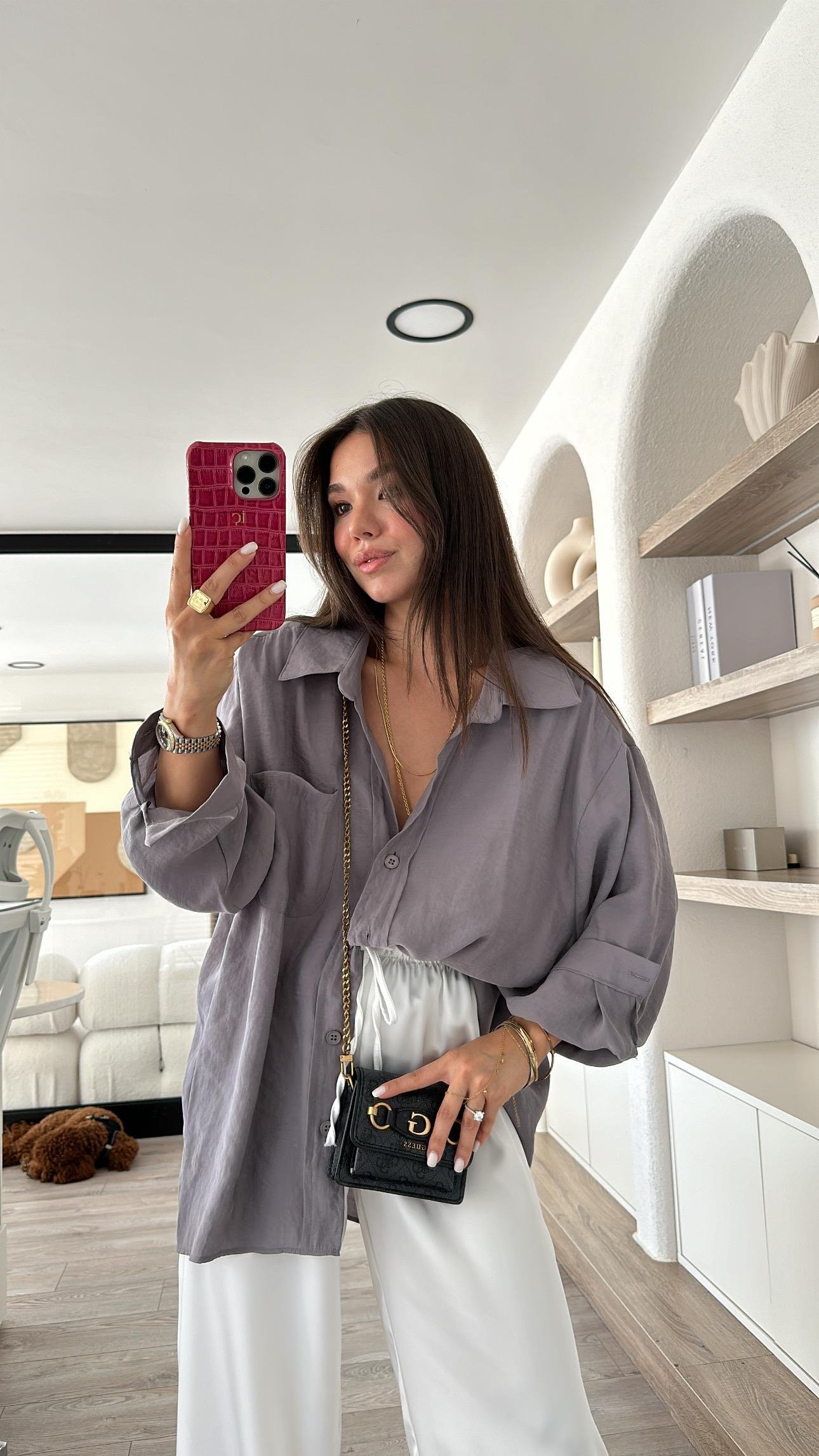 Antrasit Tensel Kumaş Düşük Omuzlu Oversize Gömlek