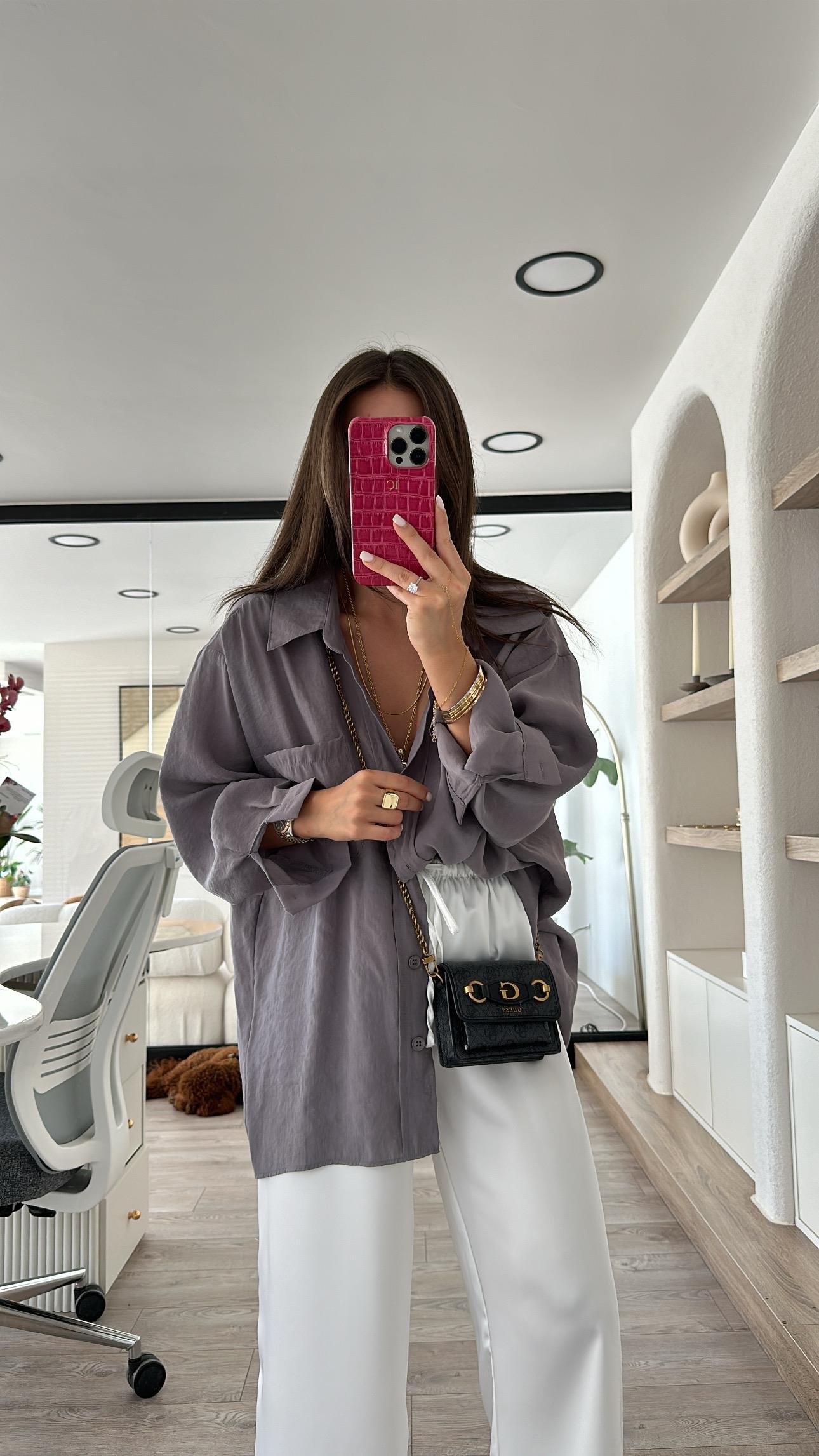 Antrasit Tensel Kumaş Düşük Omuzlu Oversize Gömlek