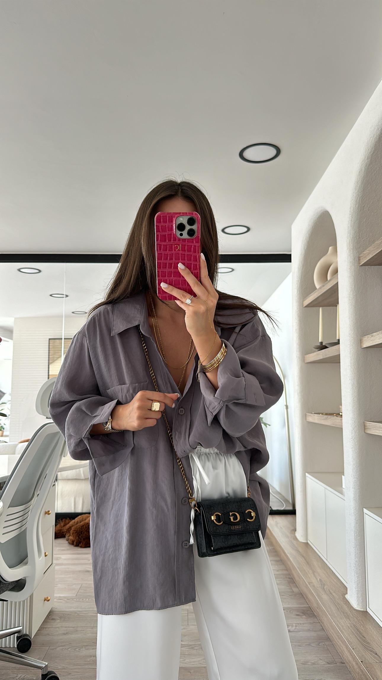 Antrasit Tensel Kumaş Düşük Omuzlu Oversize Gömlek