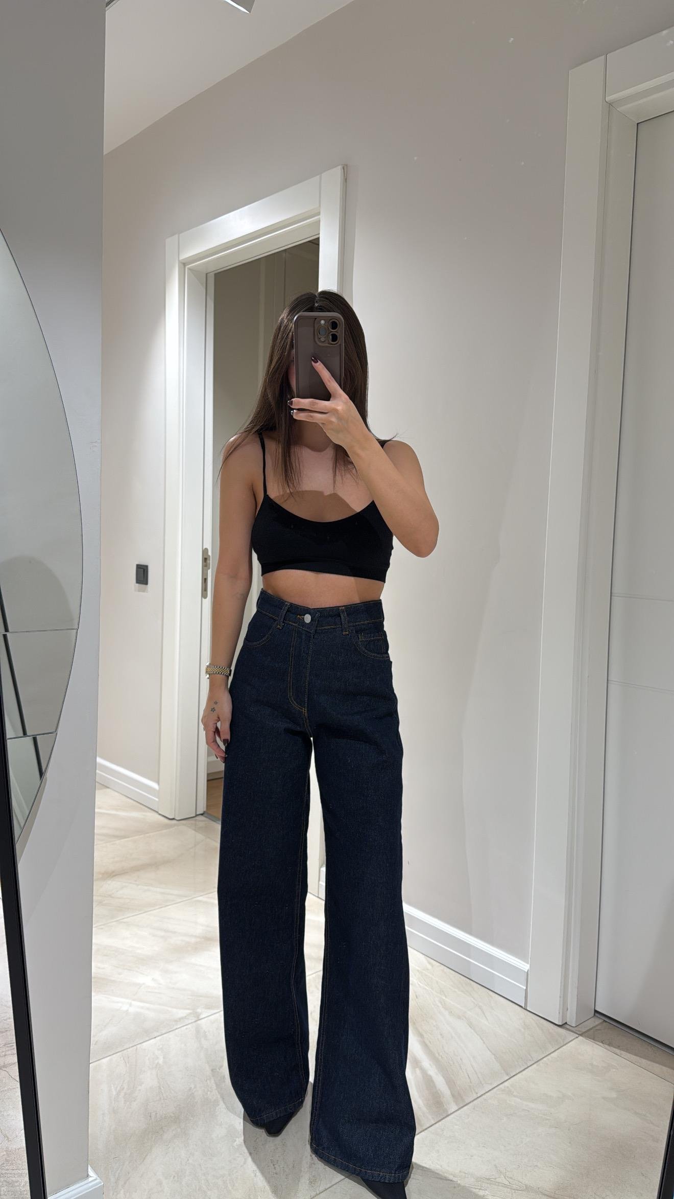 Koyu Lacivert Geniş Paça Denim Pantolon