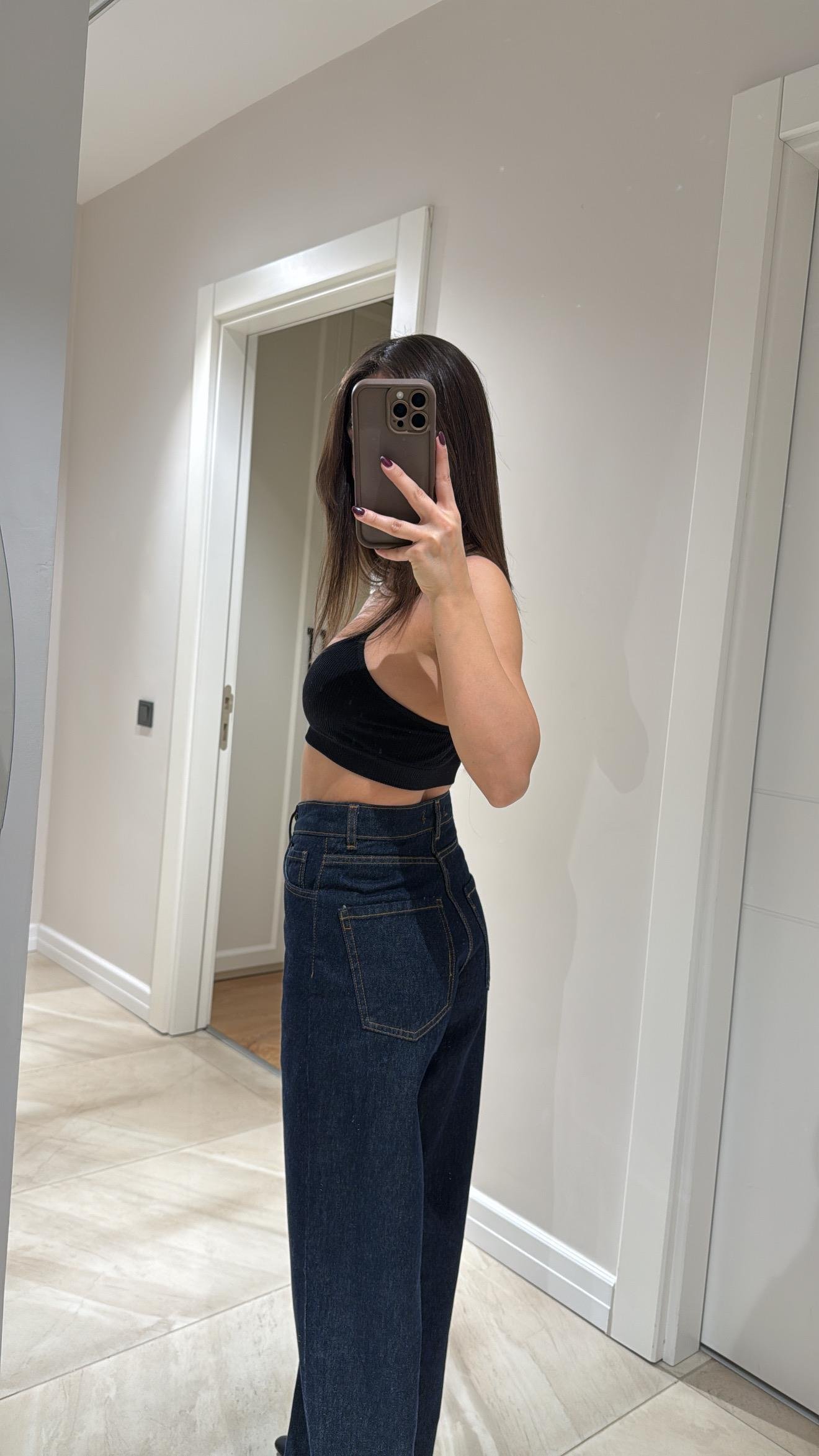 Koyu Lacivert Geniş Paça Denim Pantolon