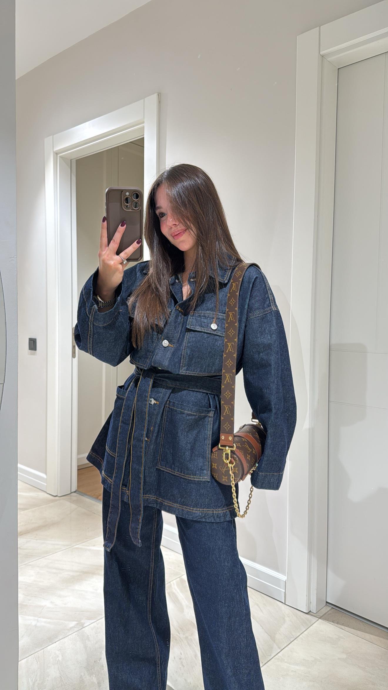 Koyu Lacivert Kuşaklı Denim Ceket 