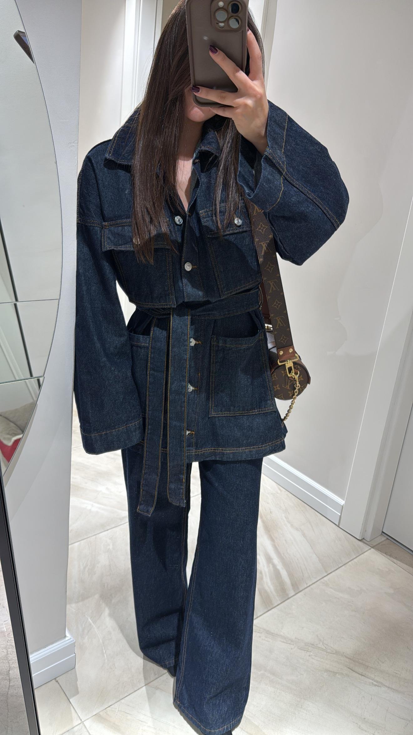 Koyu Lacivert Kuşaklı Denim Ceket 