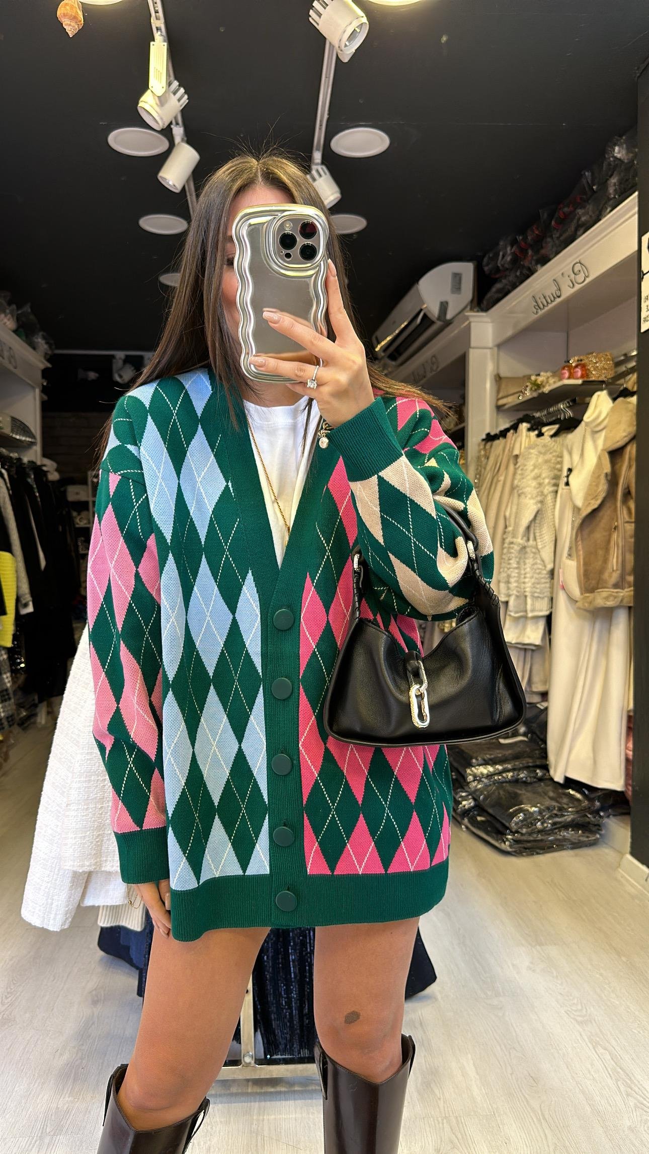 Koyu Yeşil Çok Renkli Baklava Desen Düğmeli Hırka