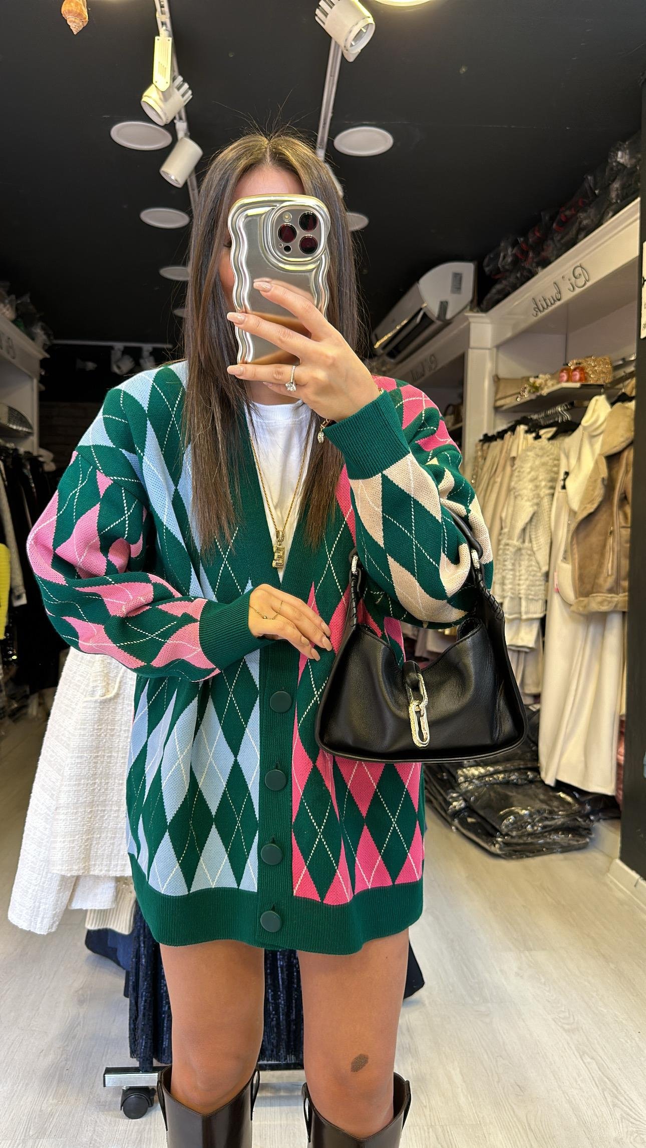 Koyu Yeşil Çok Renkli Baklava Desen Düğmeli Hırka