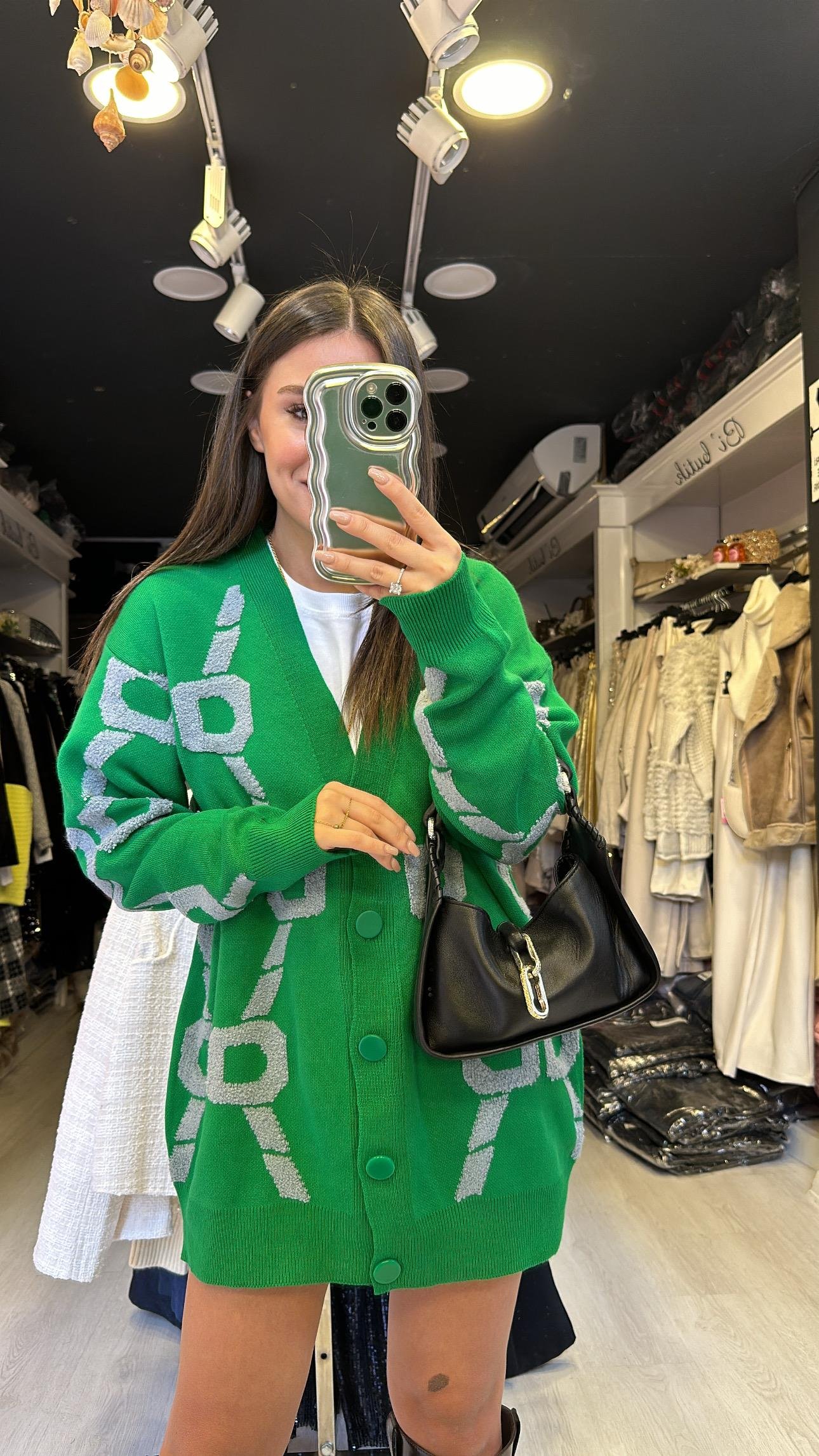 Koyu Yeşil Gri Kabartmalı Düğmeli Hırka 