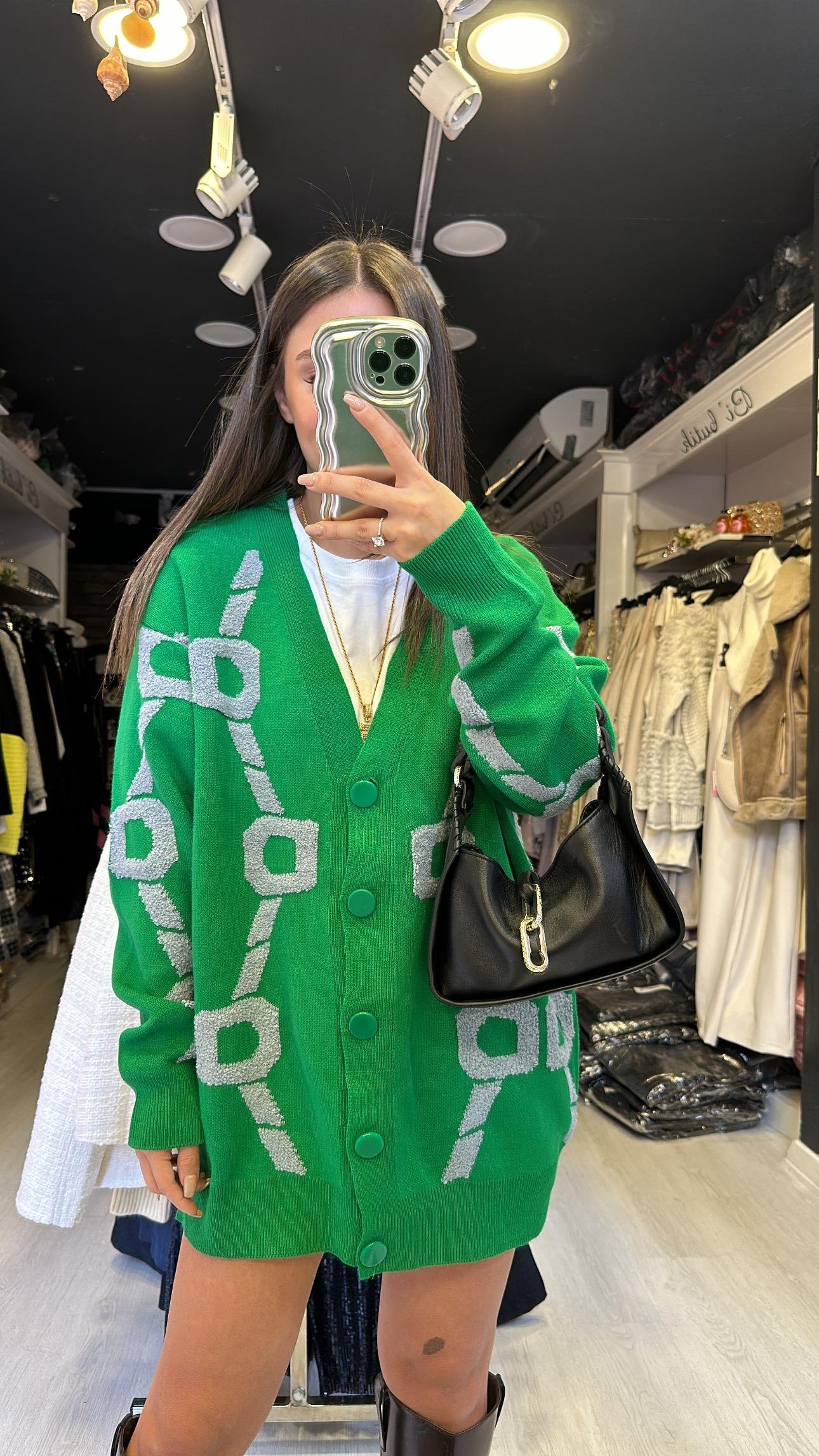 Koyu Yeşil Gri Kabartmalı Düğmeli Hırka 