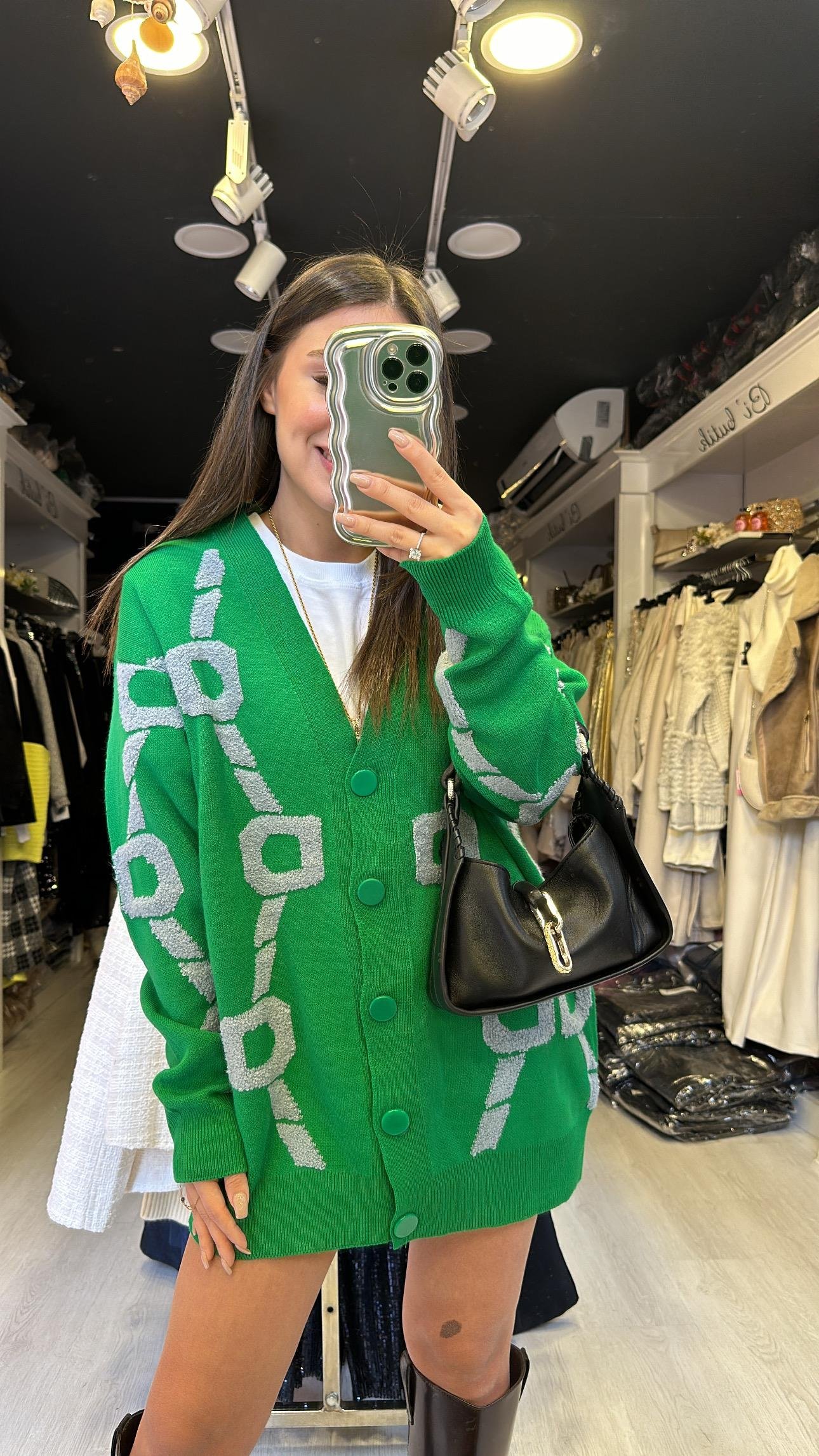 Koyu Yeşil Gri Kabartmalı Düğmeli Hırka 