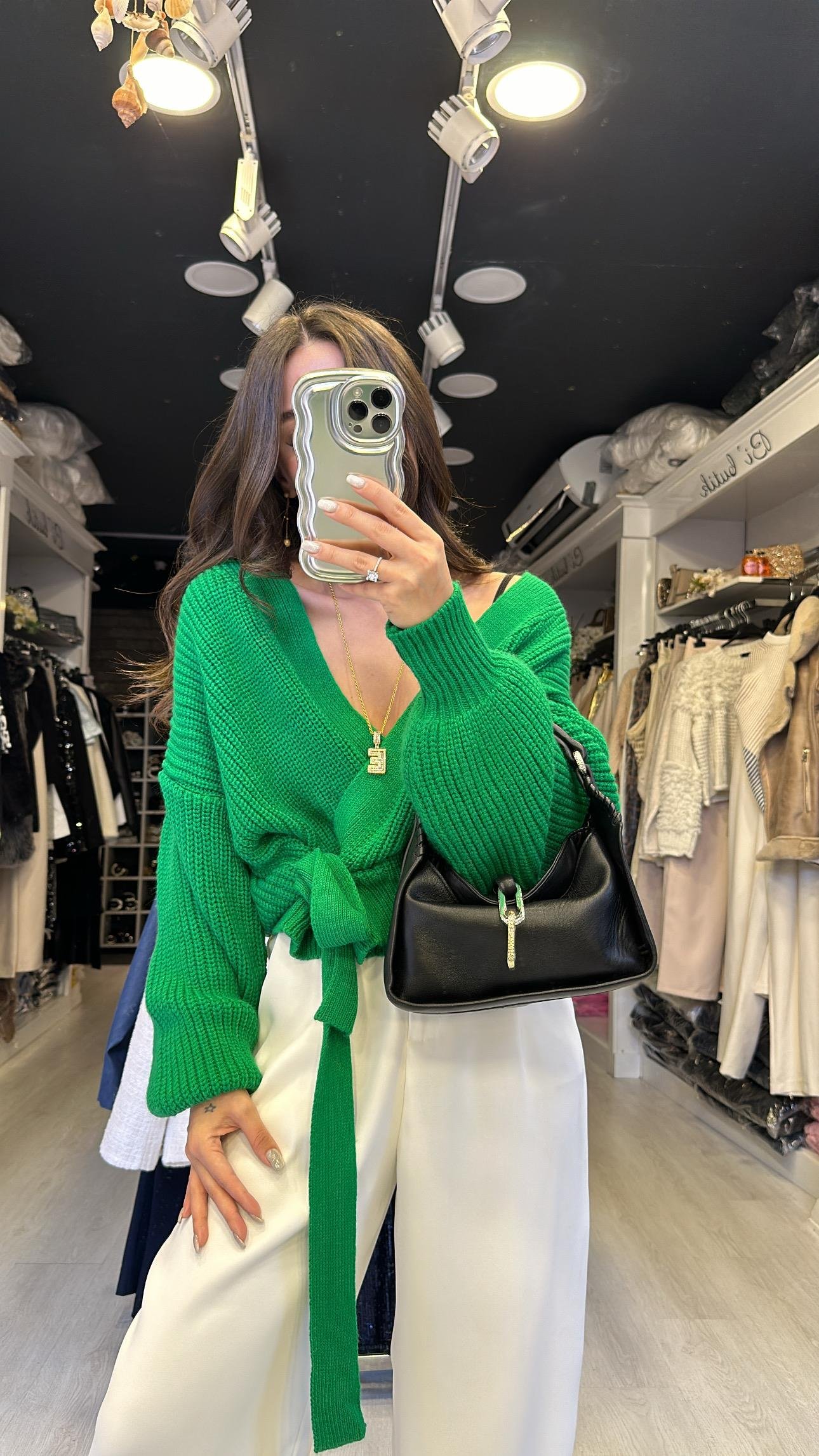 Koyu Yeşil  Bağlama Detaylı Hırka 