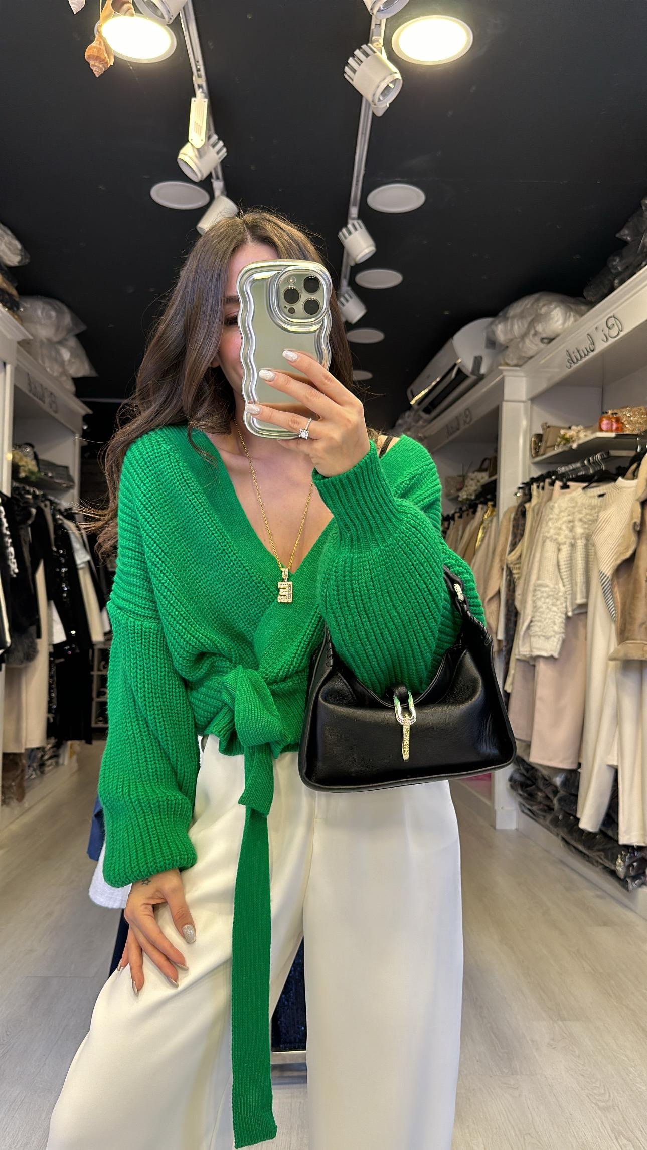 Koyu Yeşil  Bağlama Detaylı Hırka 