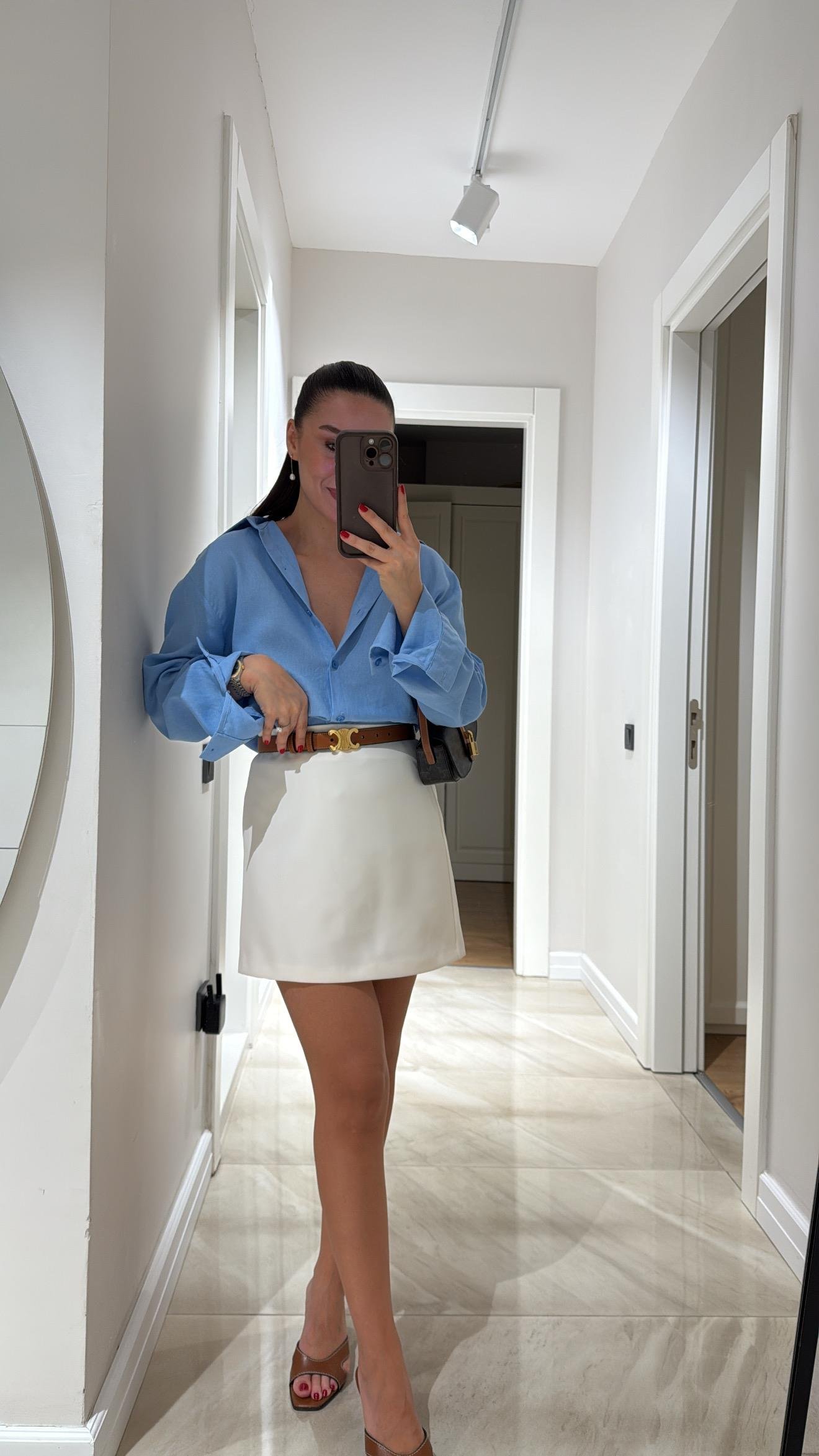 Krem Arka Pens Detaylı Fermuarlı Etek