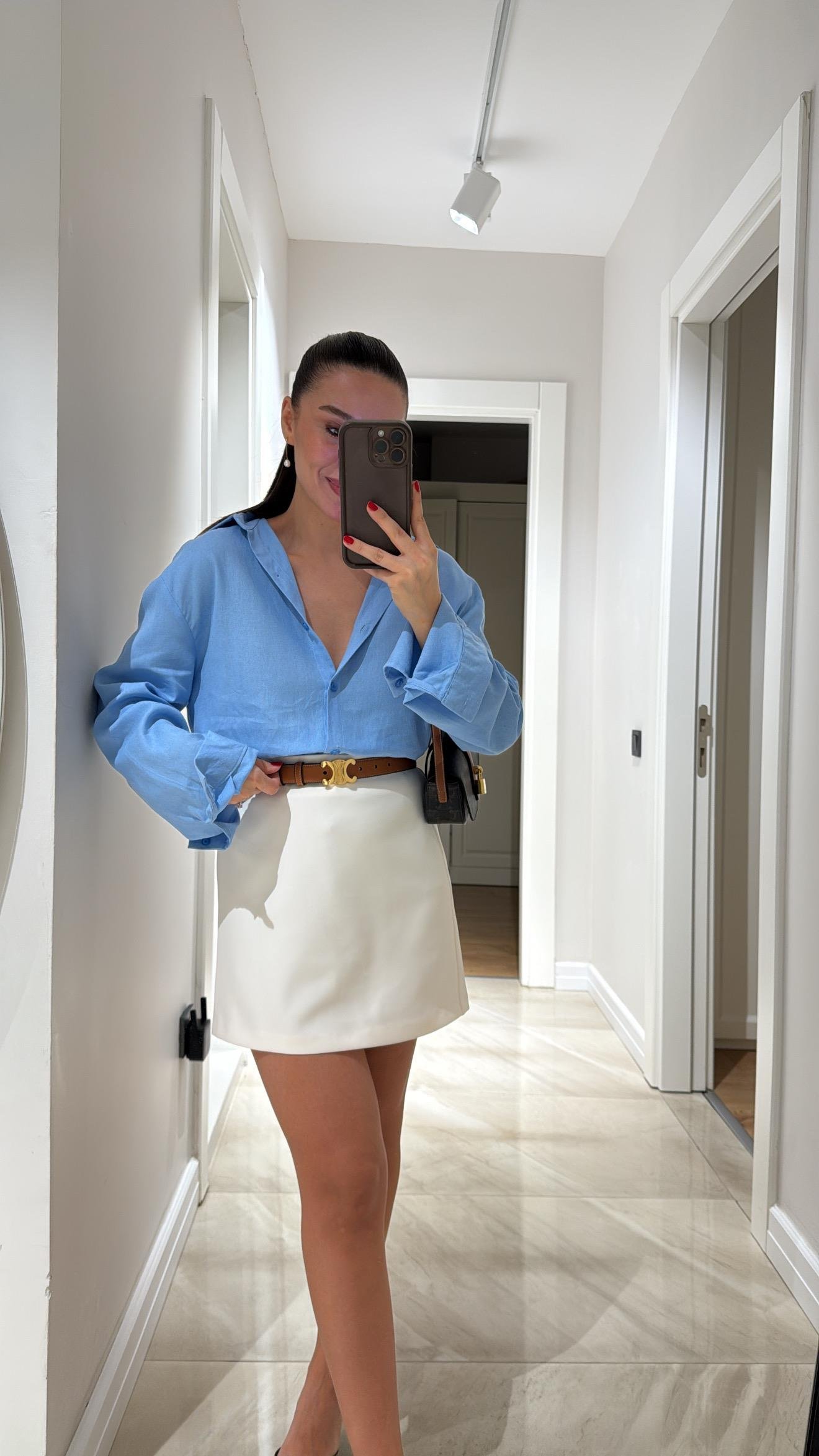 Krem Arka Pens Detaylı Fermuarlı Etek