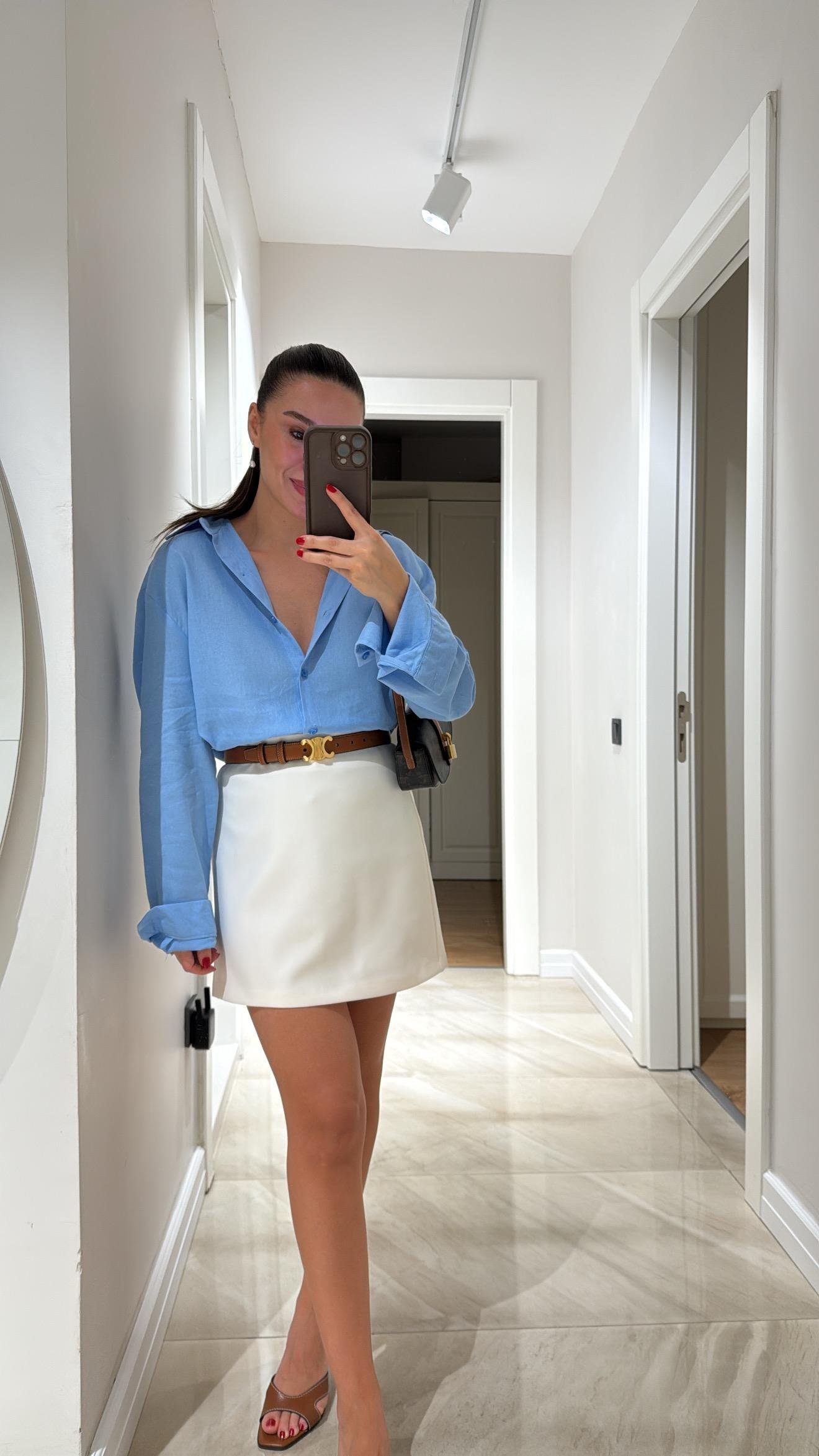 Krem Arka Pens Detaylı Fermuarlı Etek