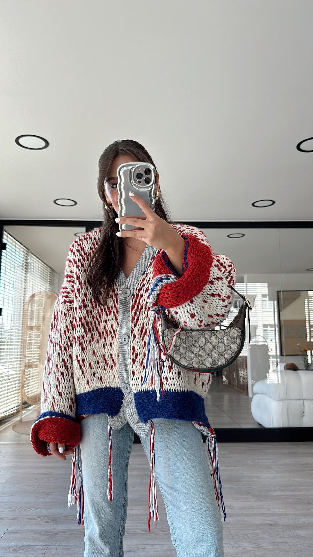 Krem Çok Renkli Düğmeli Oversize Hırka 