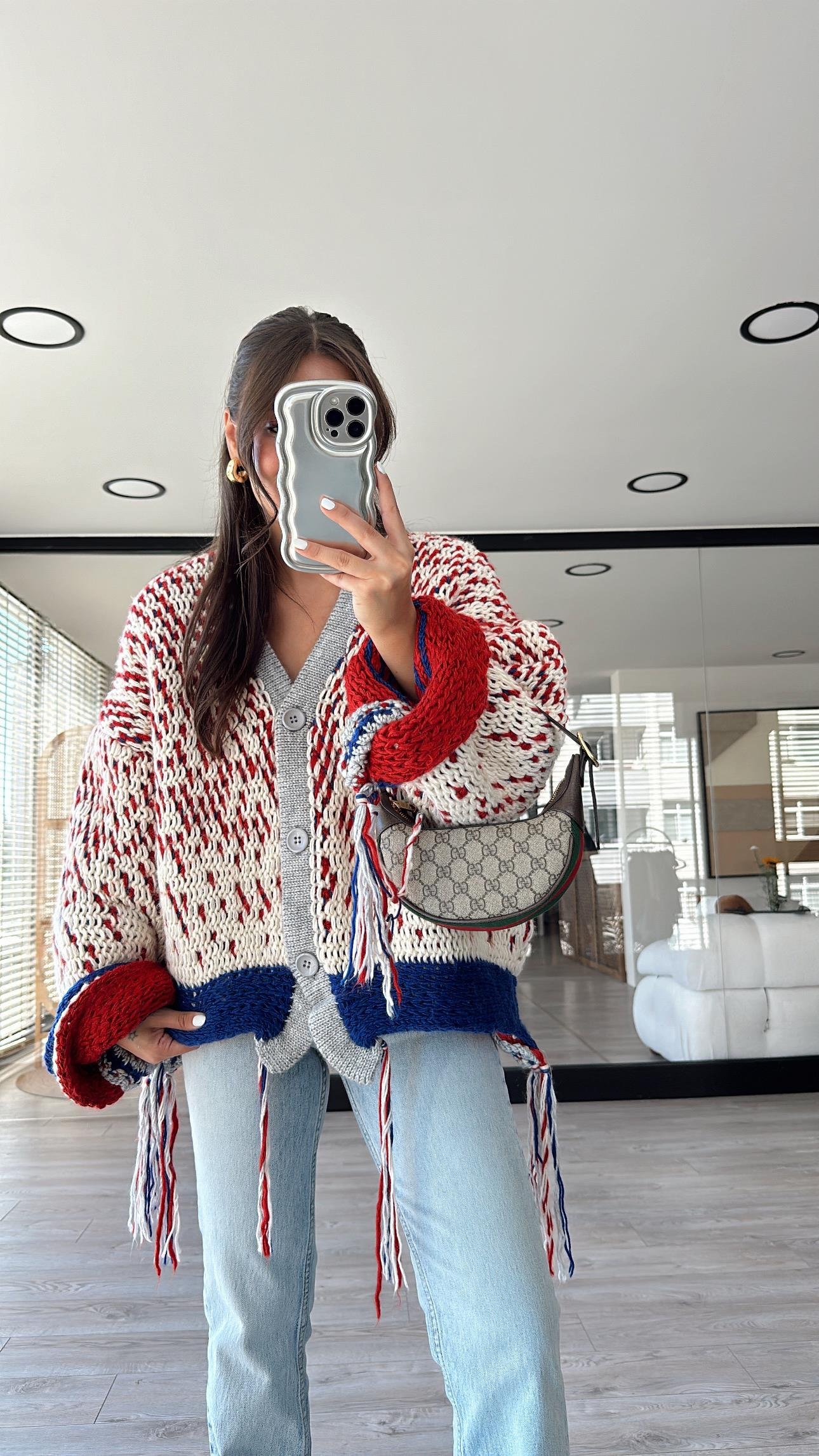 Krem Çok Renkli Düğmeli Oversize Hırka 