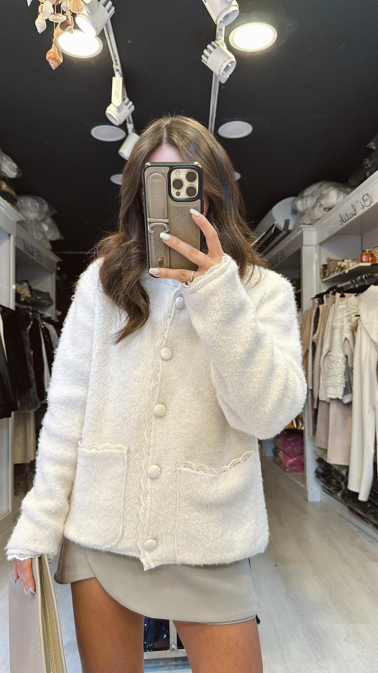 Krem Dantel Detaylı Havlu Kumaş Hırka 