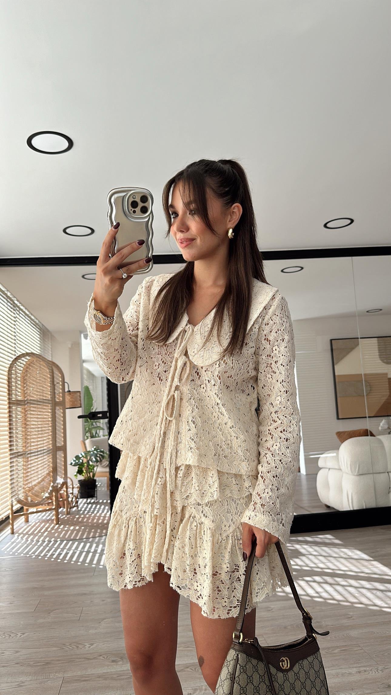 Krem Fırfırlı Dantalli Etek