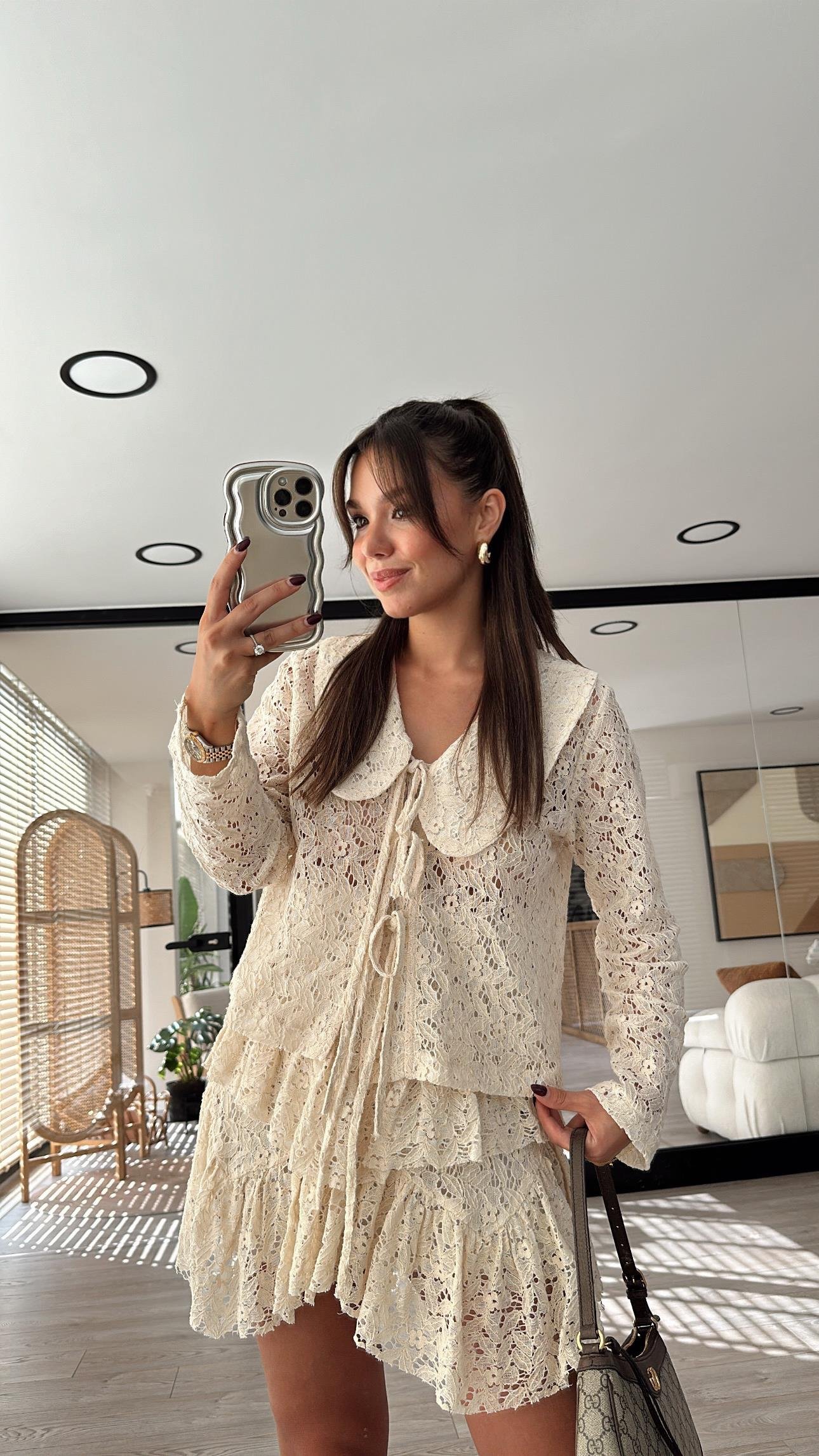 Krem Fırfırlı Dantalli Etek