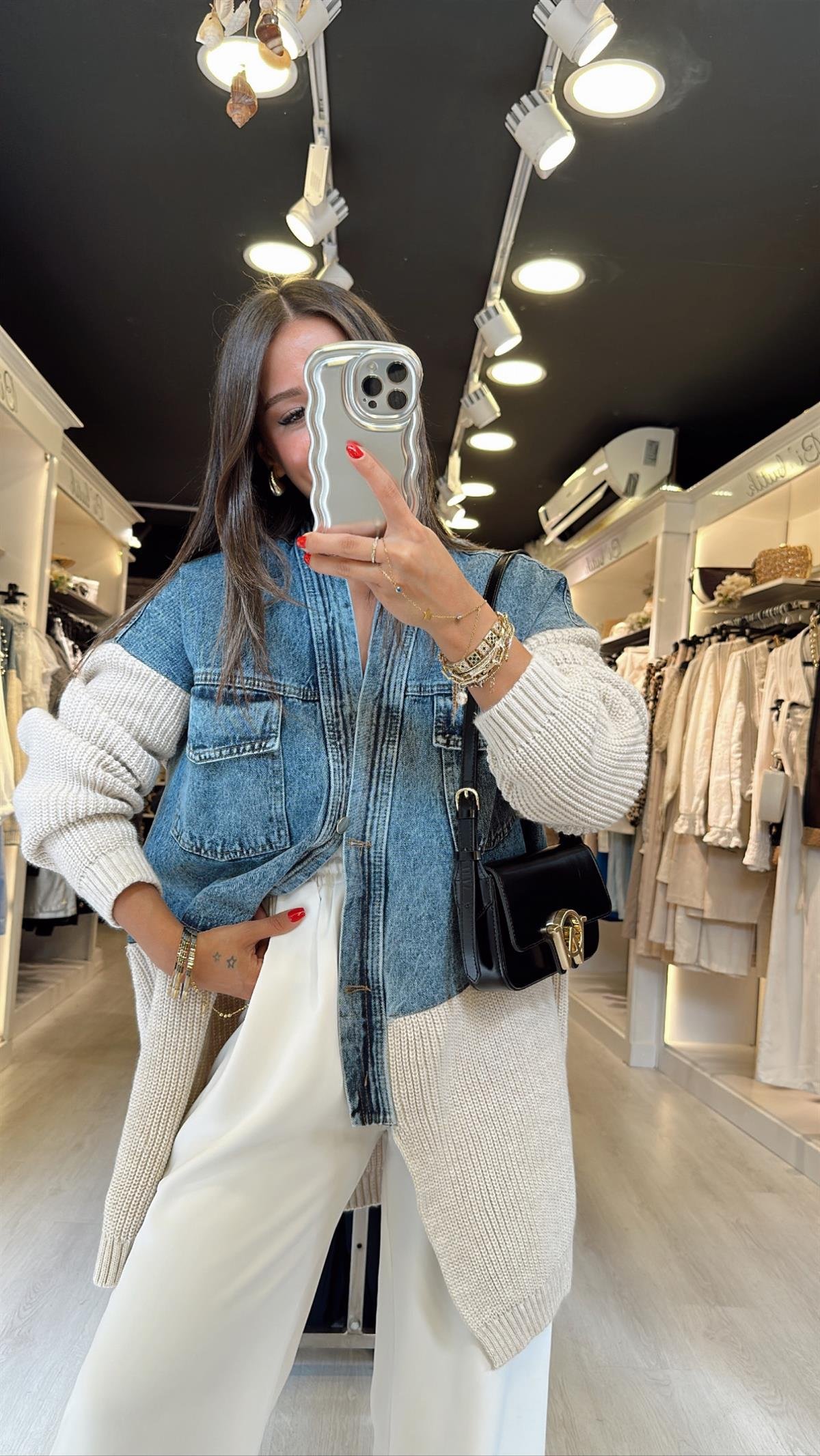 Krem Jean Detaylı Cepli Hırka 