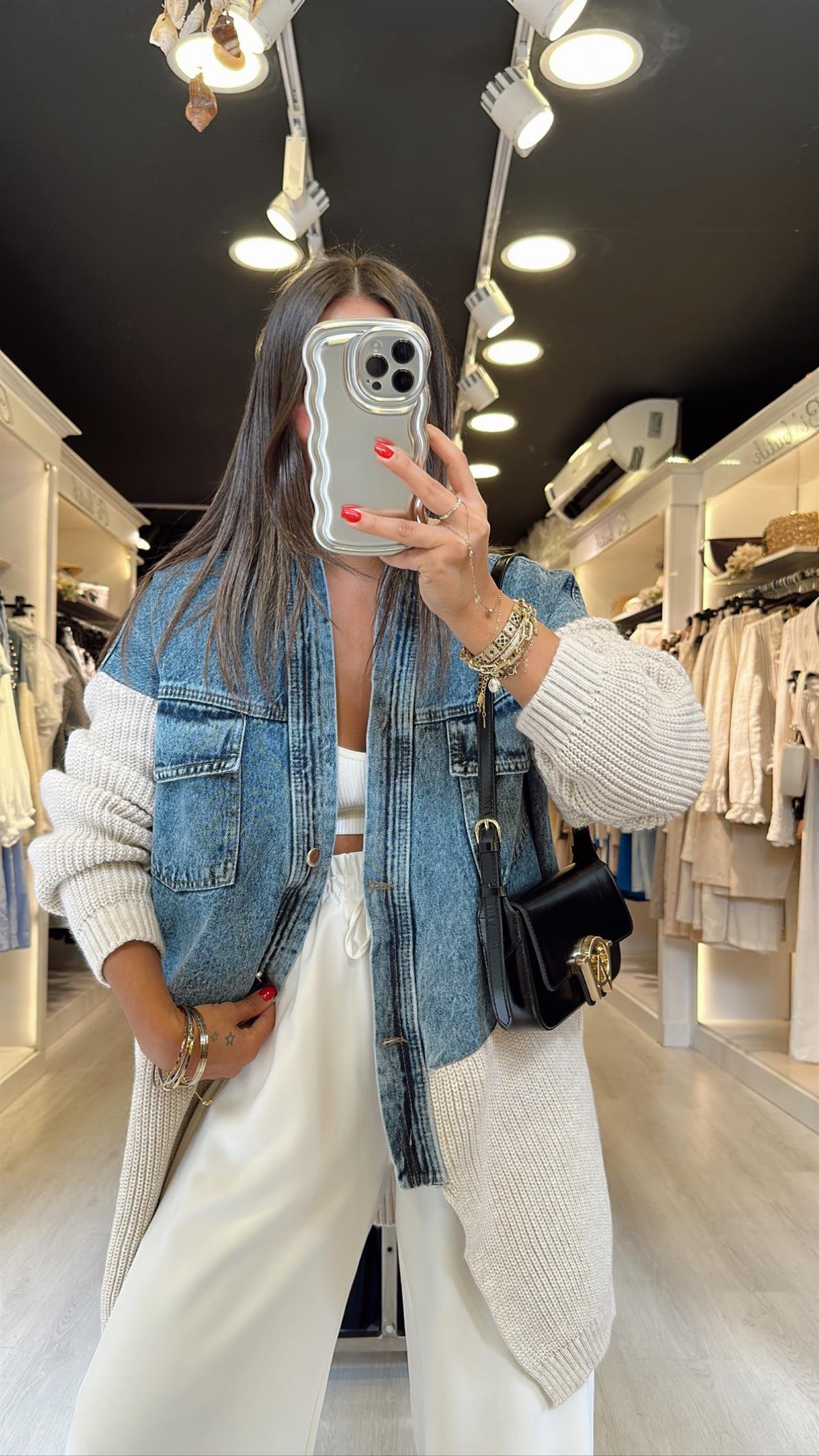 Krem Jean Detaylı Cepli Hırka 