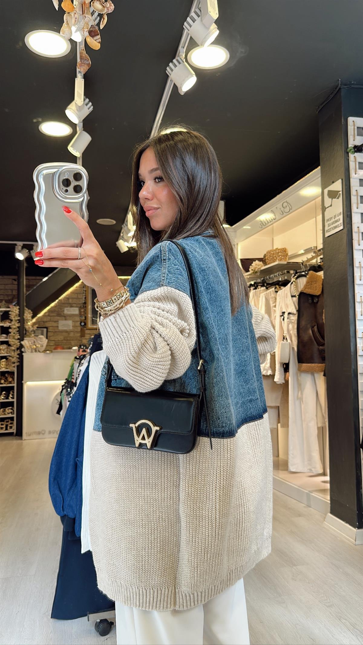 Krem Jean Detaylı Cepli Hırka 