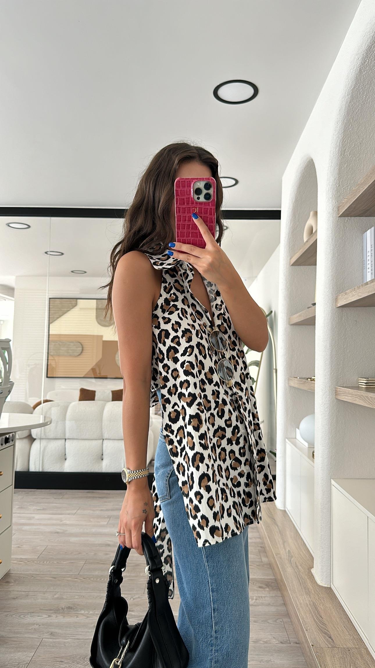 Krem Leopar Desenli Sırt Bağlamalı Gömlek