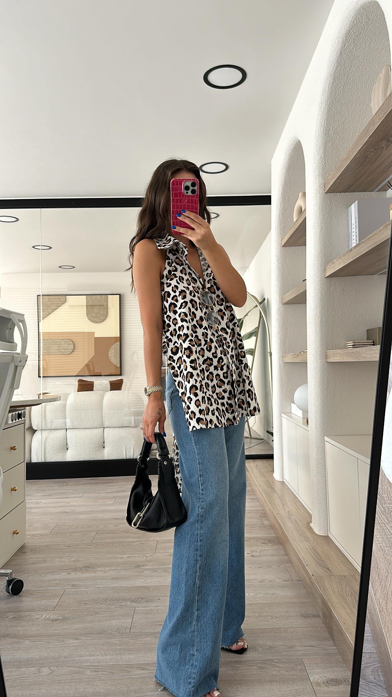 Krem Leopar Desenli Sırt Bağlamalı Gömlek