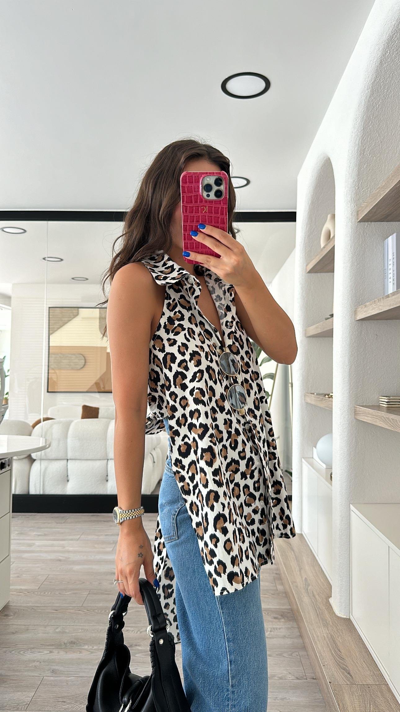 Krem Leopar Desenli Sırt Bağlamalı Gömlek