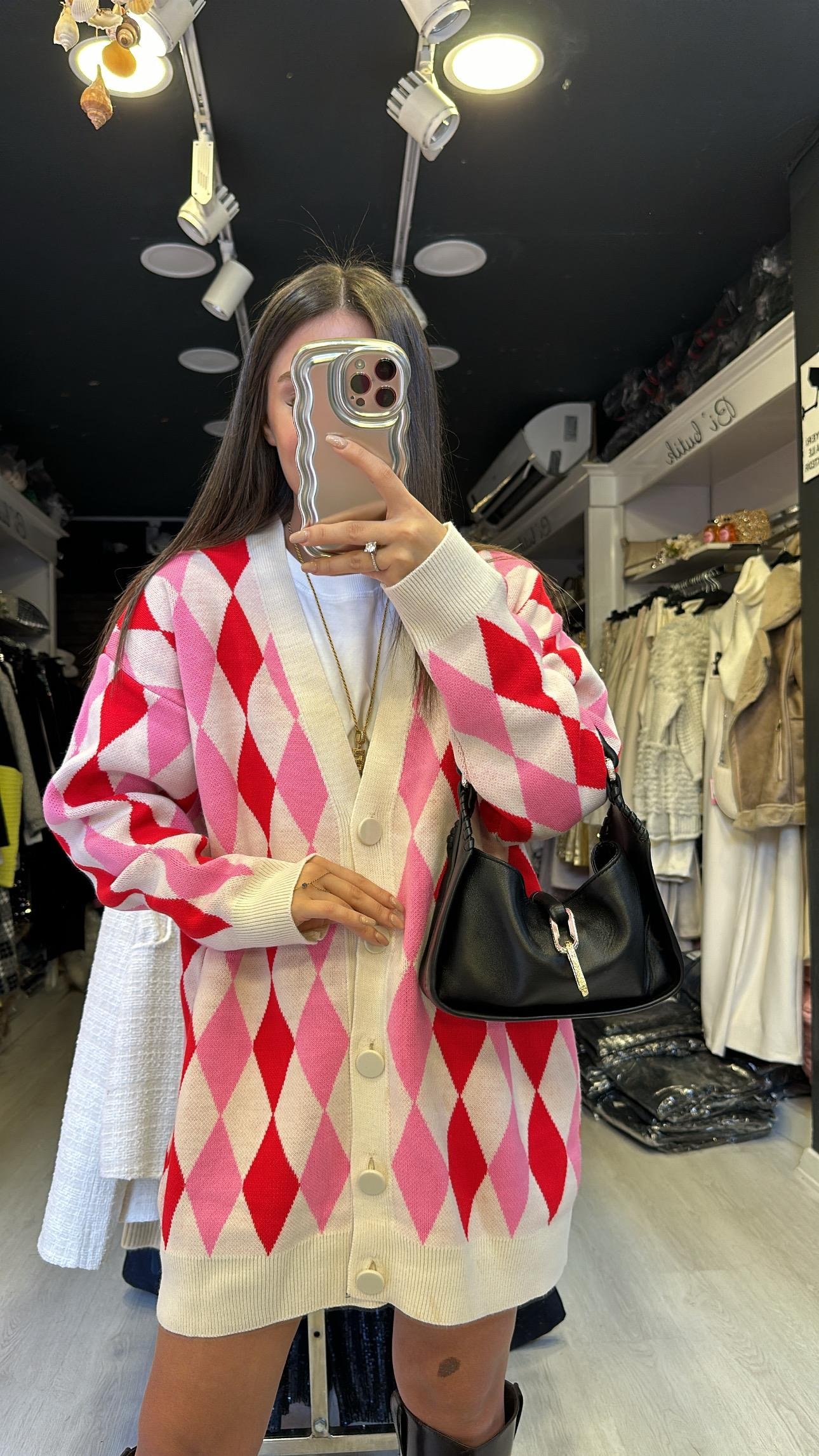 Krem Pembe Baklava Desenli Düğmeli Hırka 