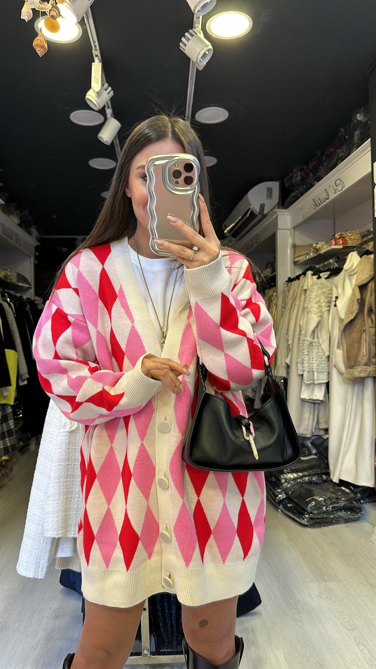 Krem Pembe Baklava Desenli Düğmeli Hırka 