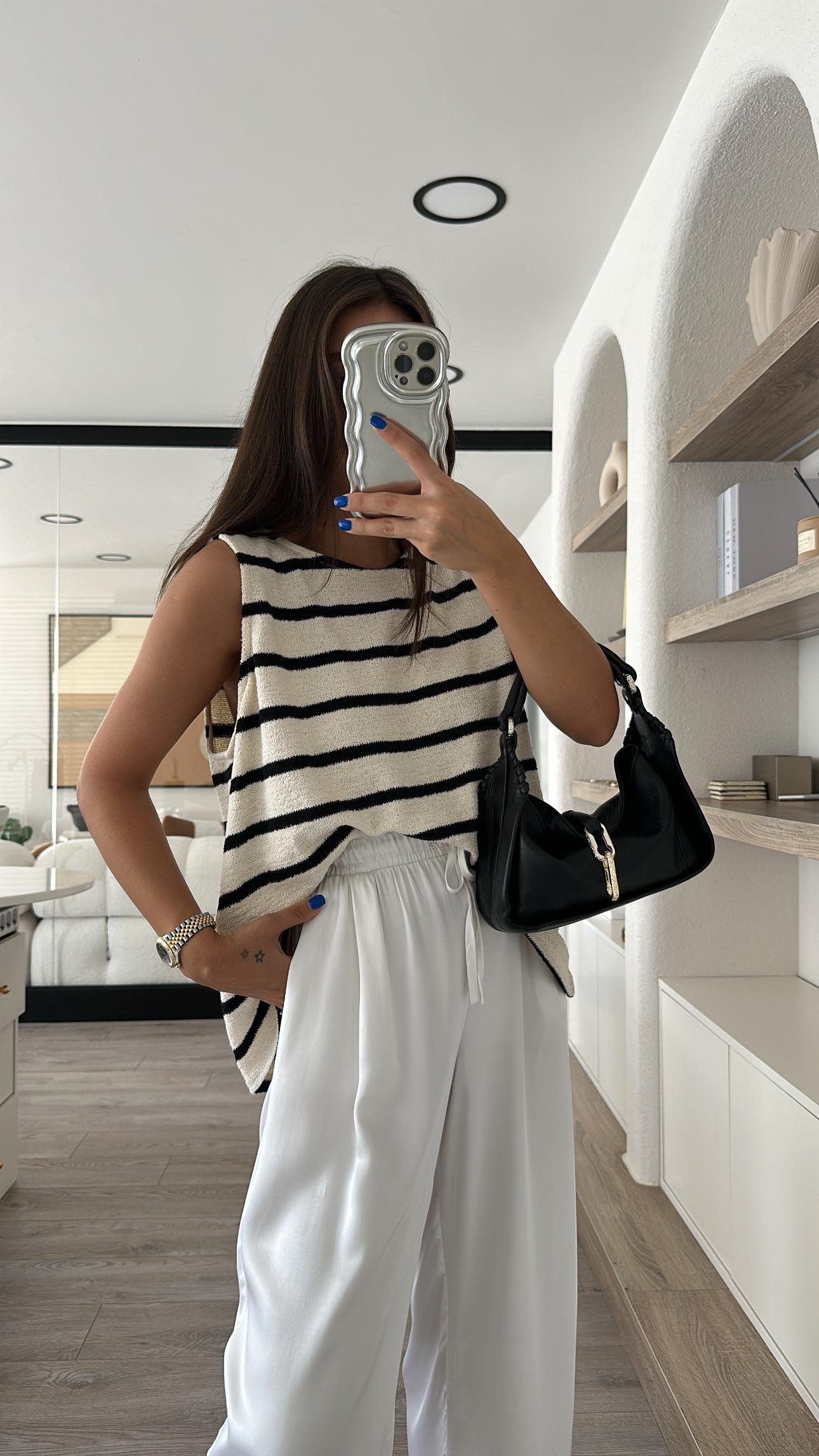 Krem Siyah Çizgili Triko Bluz