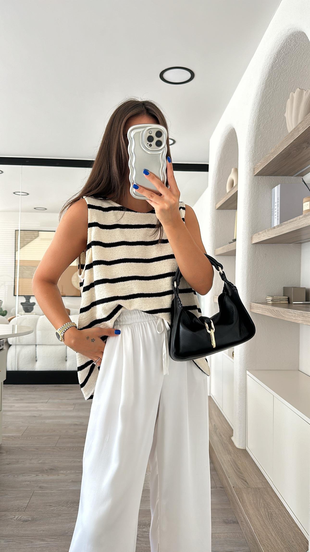 Krem Siyah Çizgili Triko Bluz