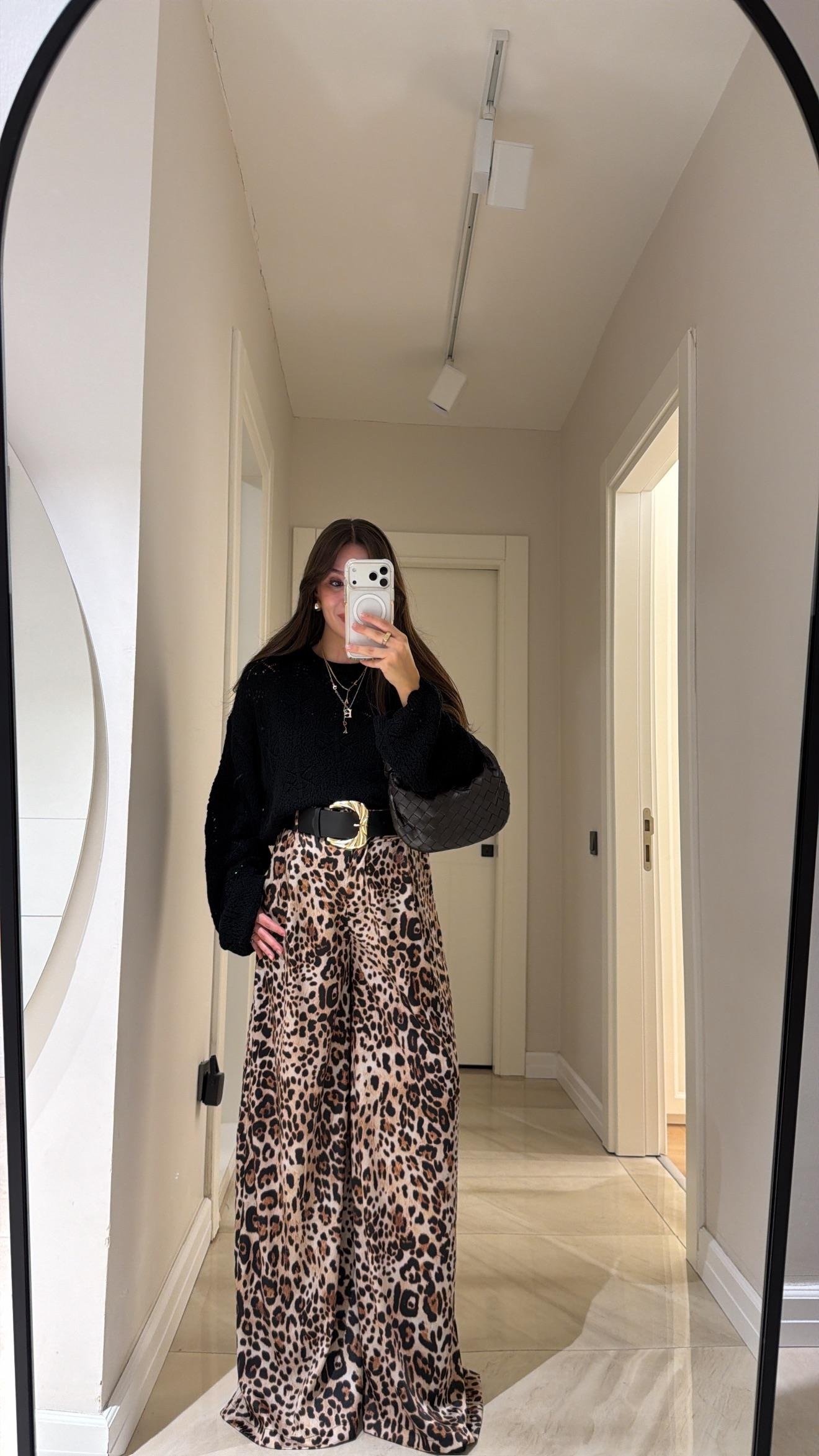 Krem Siyah Leopar Desen Kemerli Palazzo Pantolon