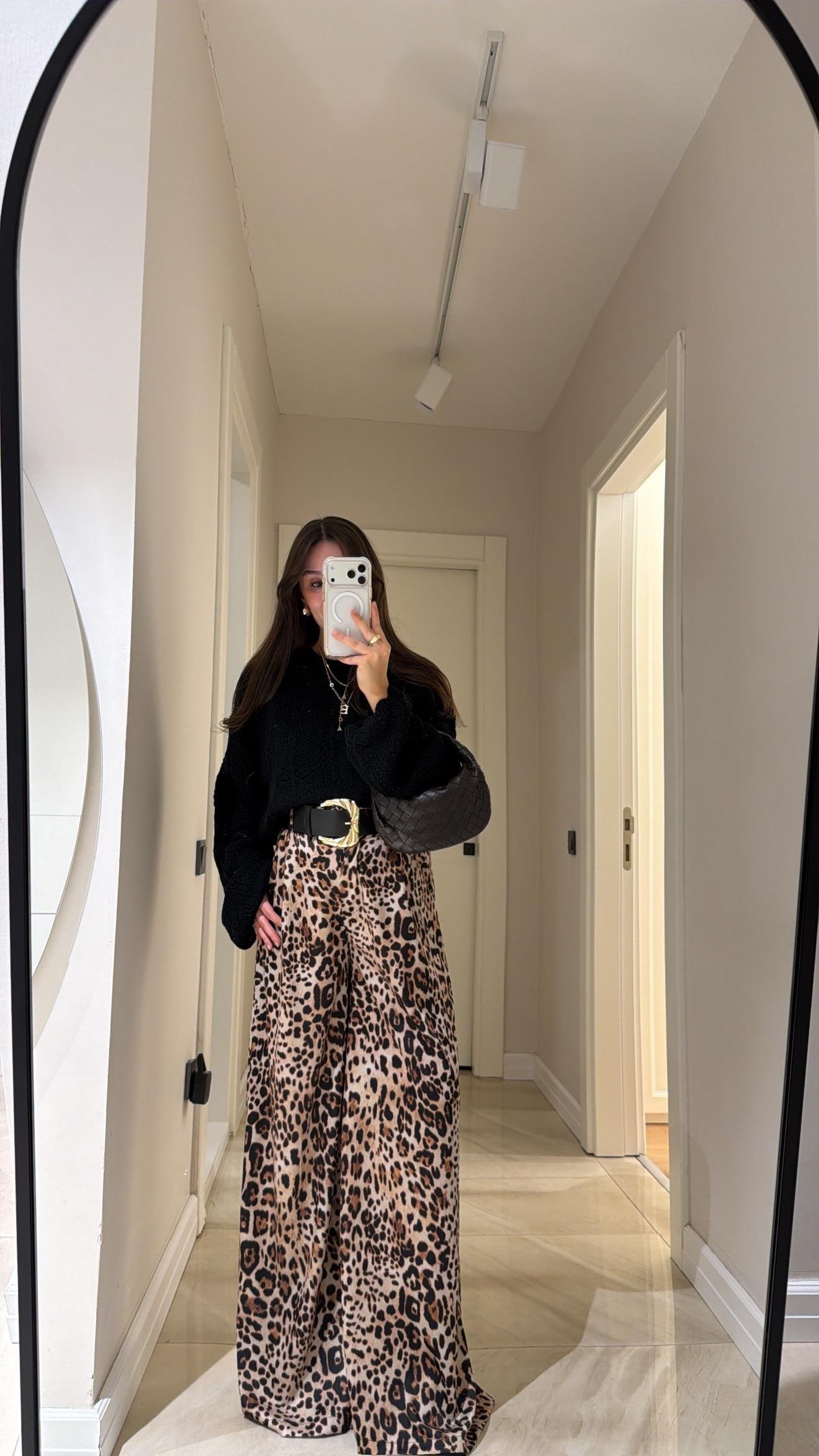 Krem Siyah Leopar Desen Kemerli Palazzo Pantolon