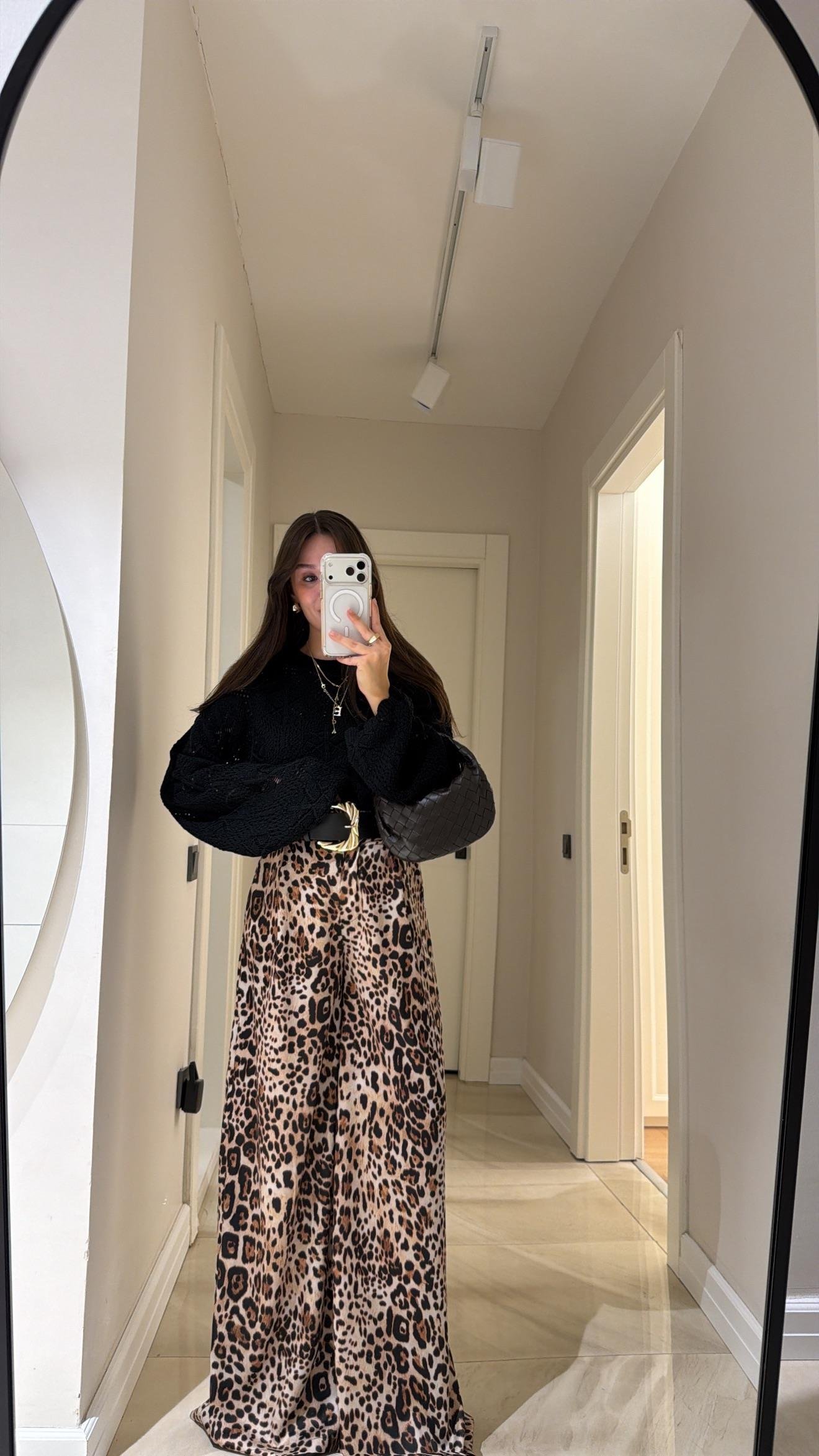 Krem Siyah Leopar Desen Kemerli Palazzo Pantolon