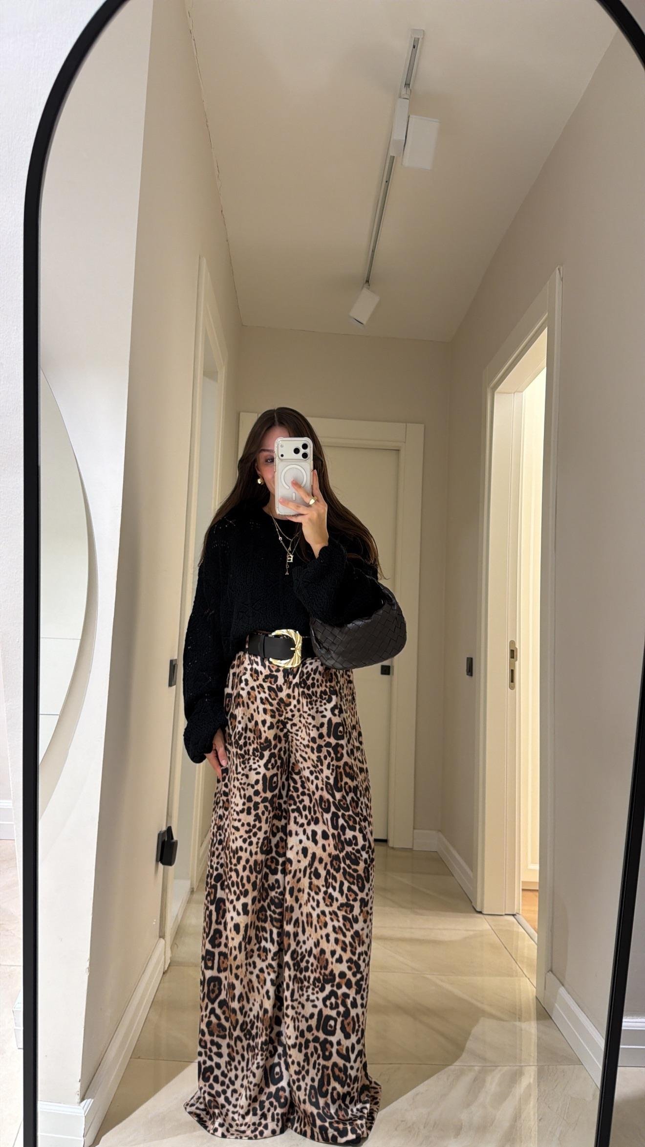 Krem Siyah Leopar Desen Kemerli Palazzo Pantolon