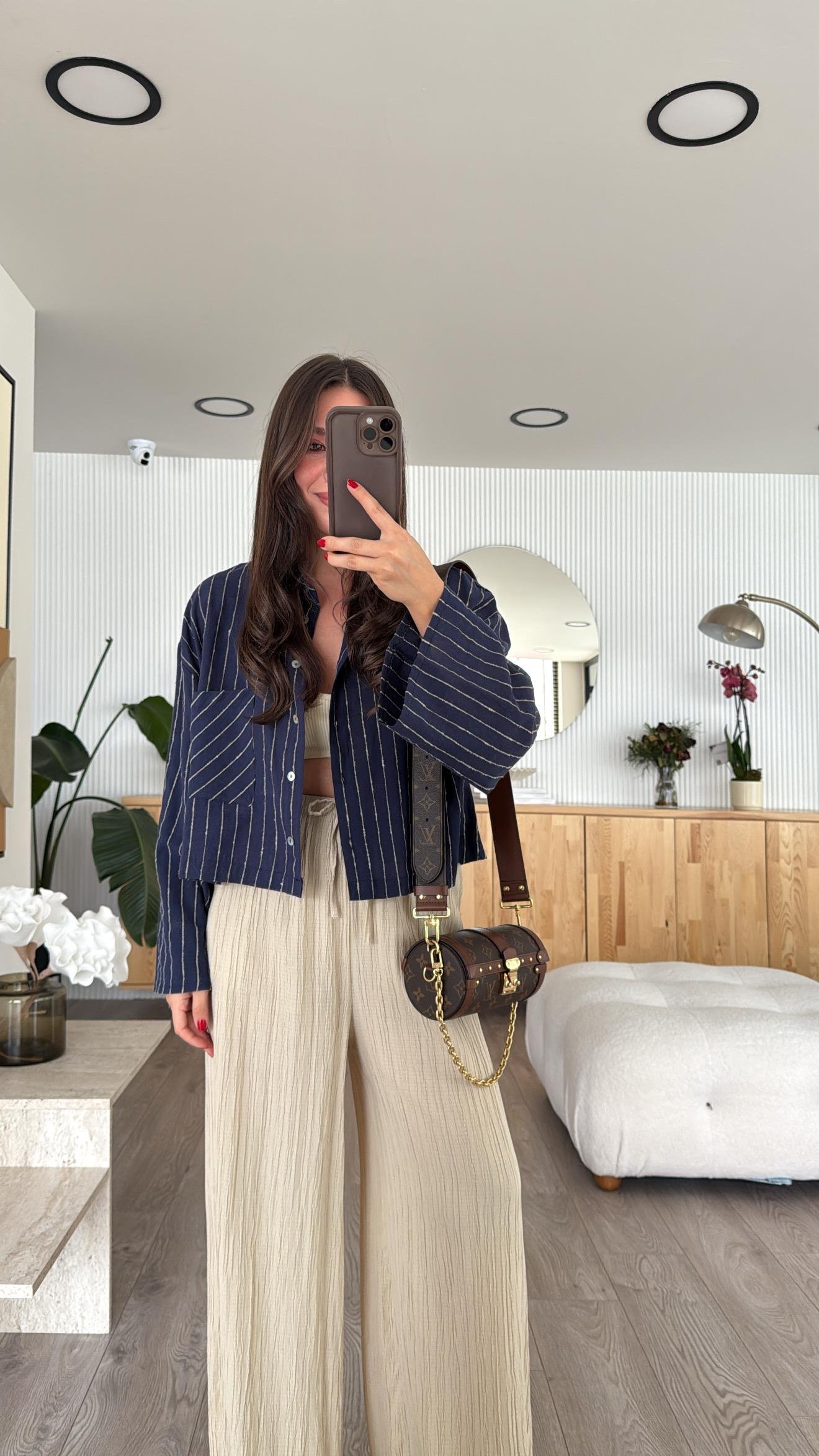 Lacivert Bej Çizgili Tek Cepli Crop Gömlek 