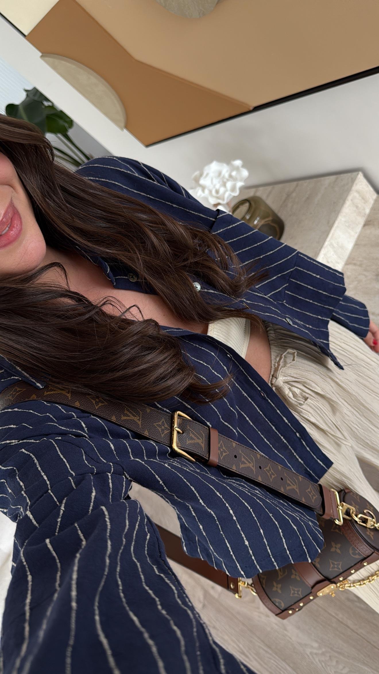 Lacivert Bej Çizgili Tek Cepli Crop Gömlek 