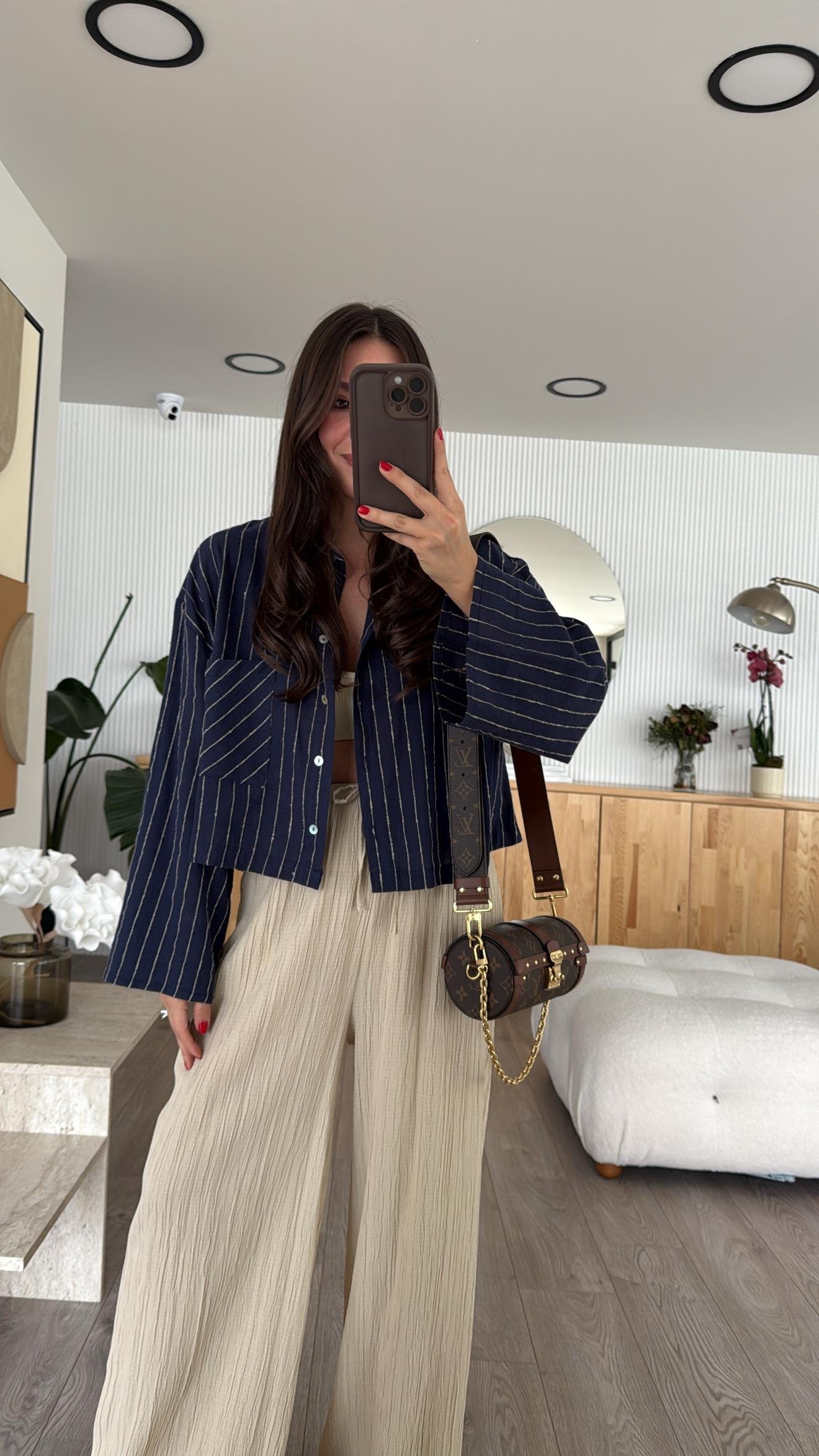 Lacivert Bej Çizgili Tek Cepli Crop Gömlek 