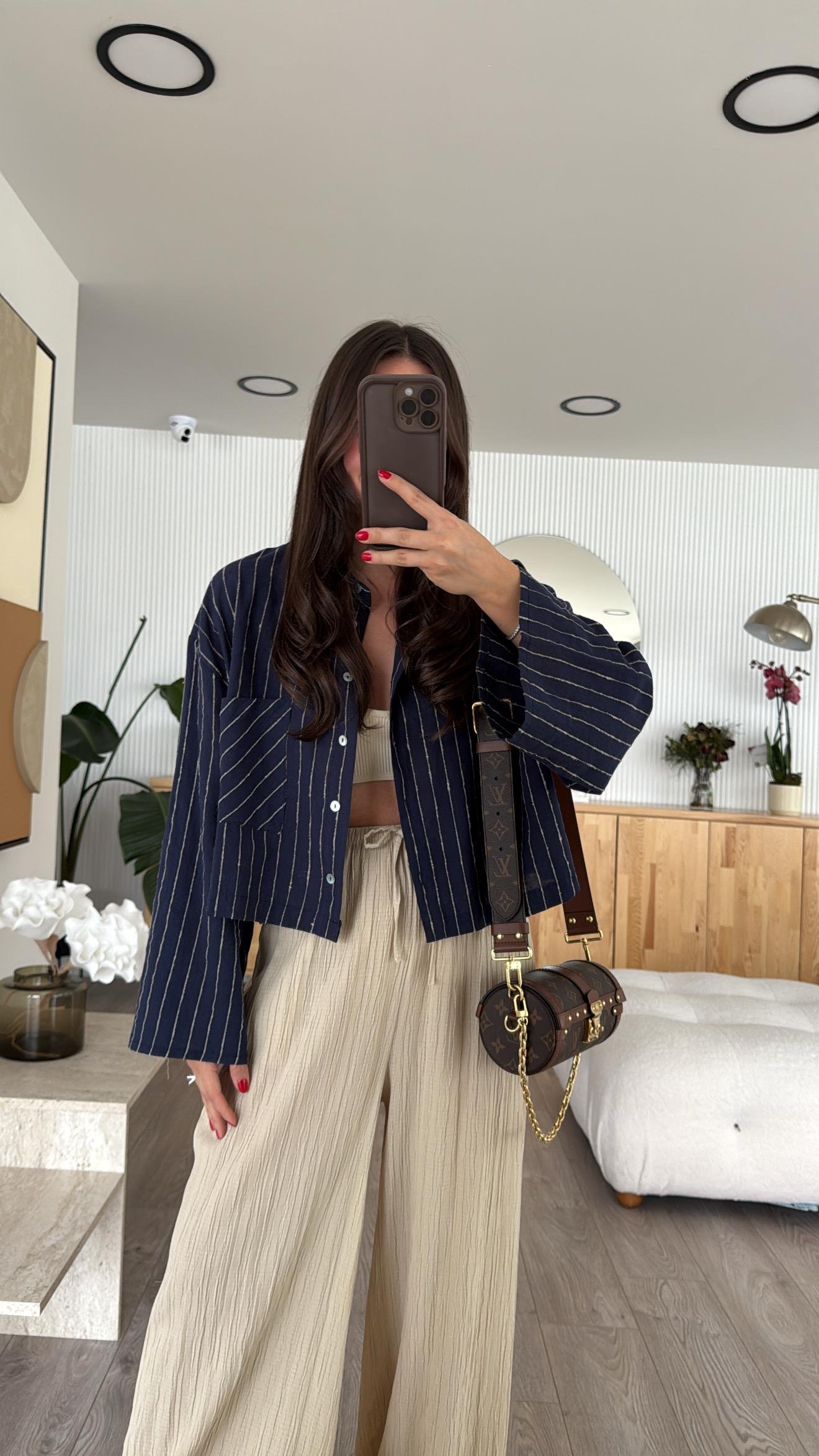 Lacivert Bej Çizgili Tek Cepli Crop Gömlek 