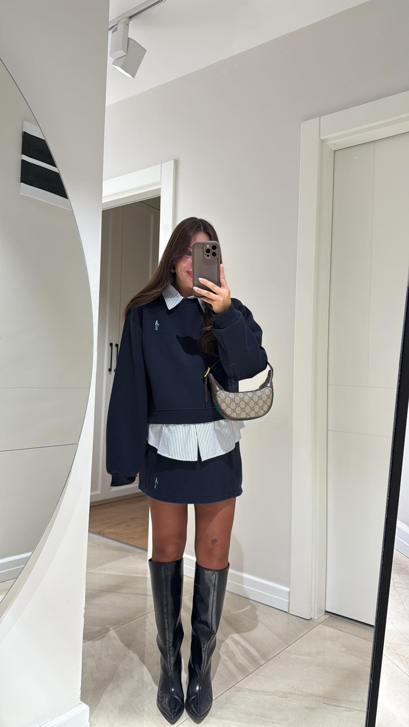 Lacivert Bel Detaylı Nakışlı Mini Etek