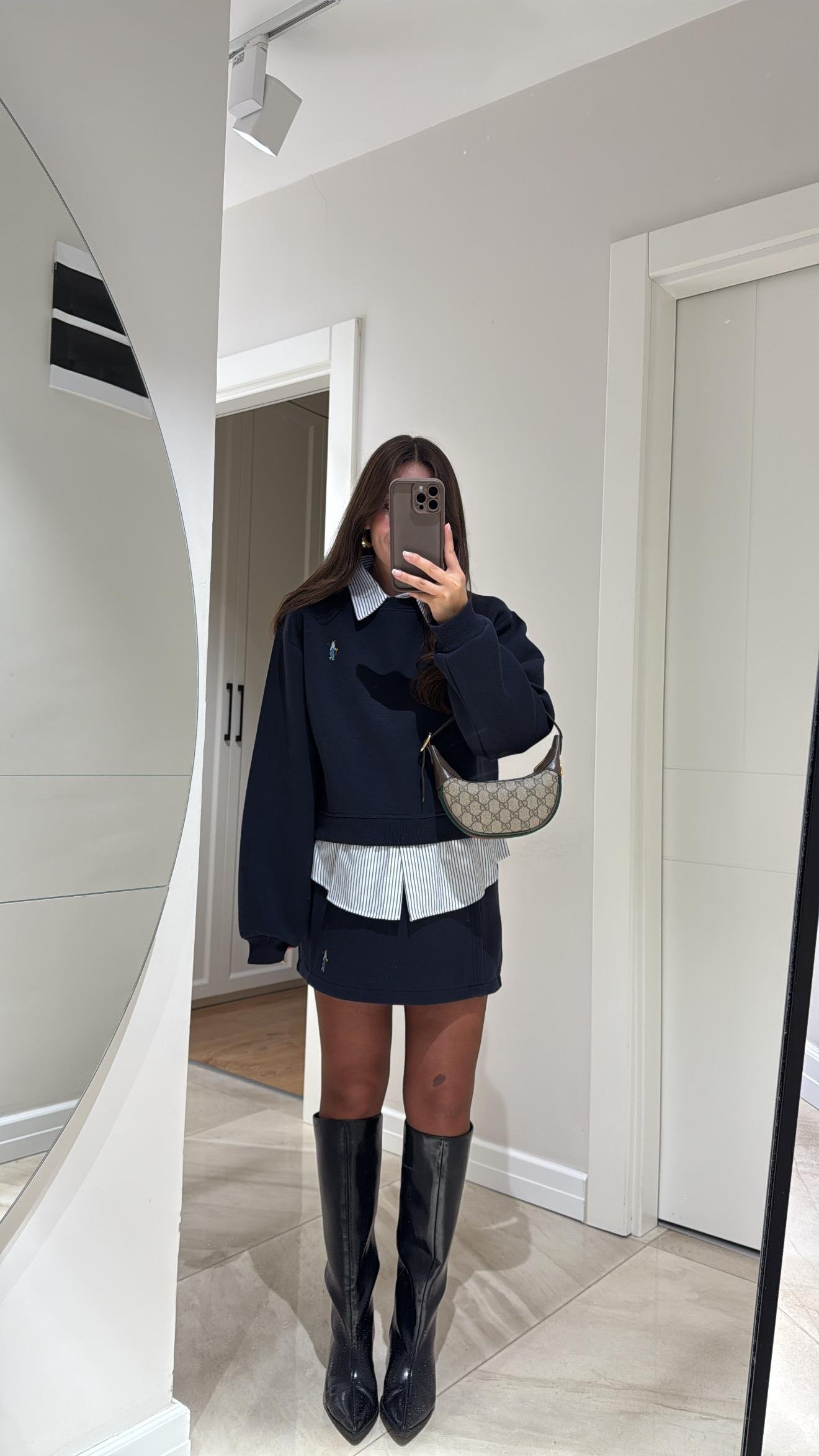 Lacivert Bel Detaylı Nakışlı Mini Etek