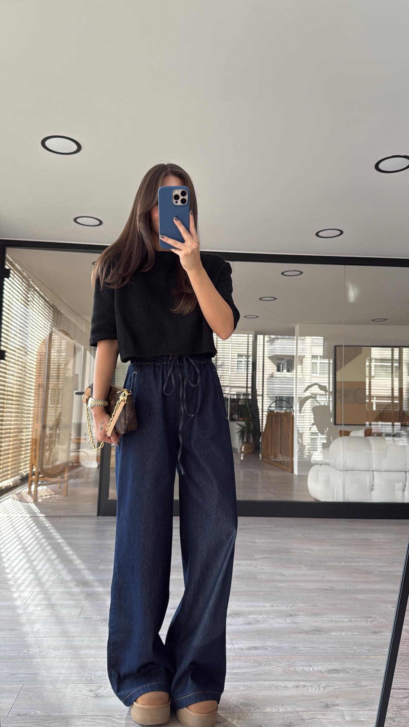 Lacivert Bel Lastikli Bol Paça Denim Pantolon