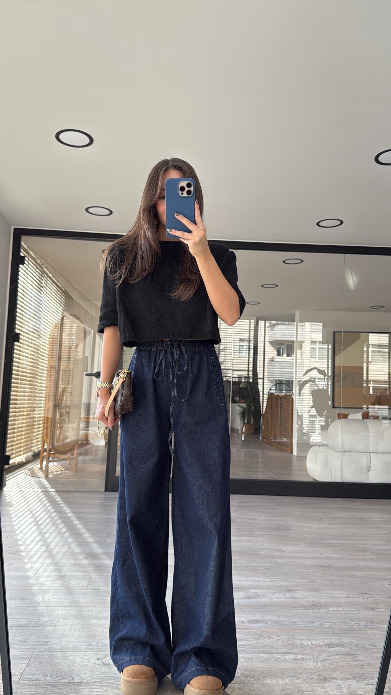 Lacivert Bel Lastikli Bol Paça Denim Pantolon