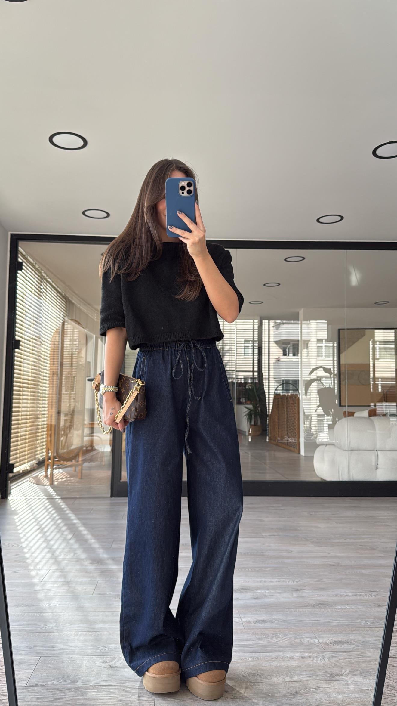 Lacivert Bel Lastikli Bol Paça Denim Pantolon