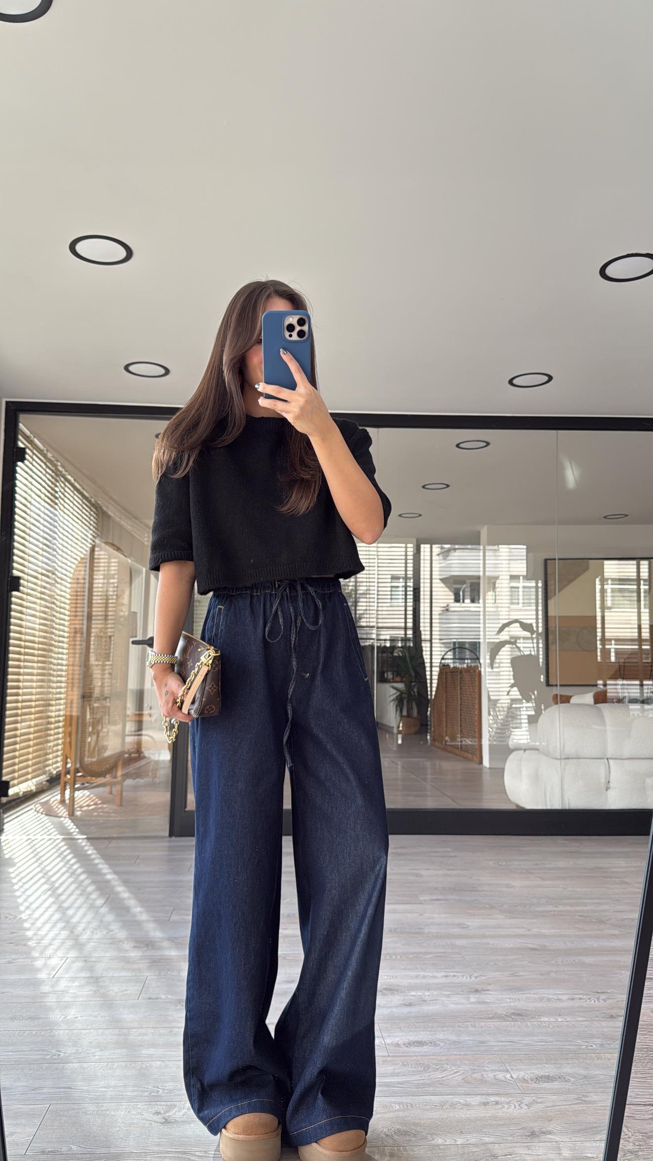 Lacivert Bel Lastikli Bol Paça Denim Pantolon