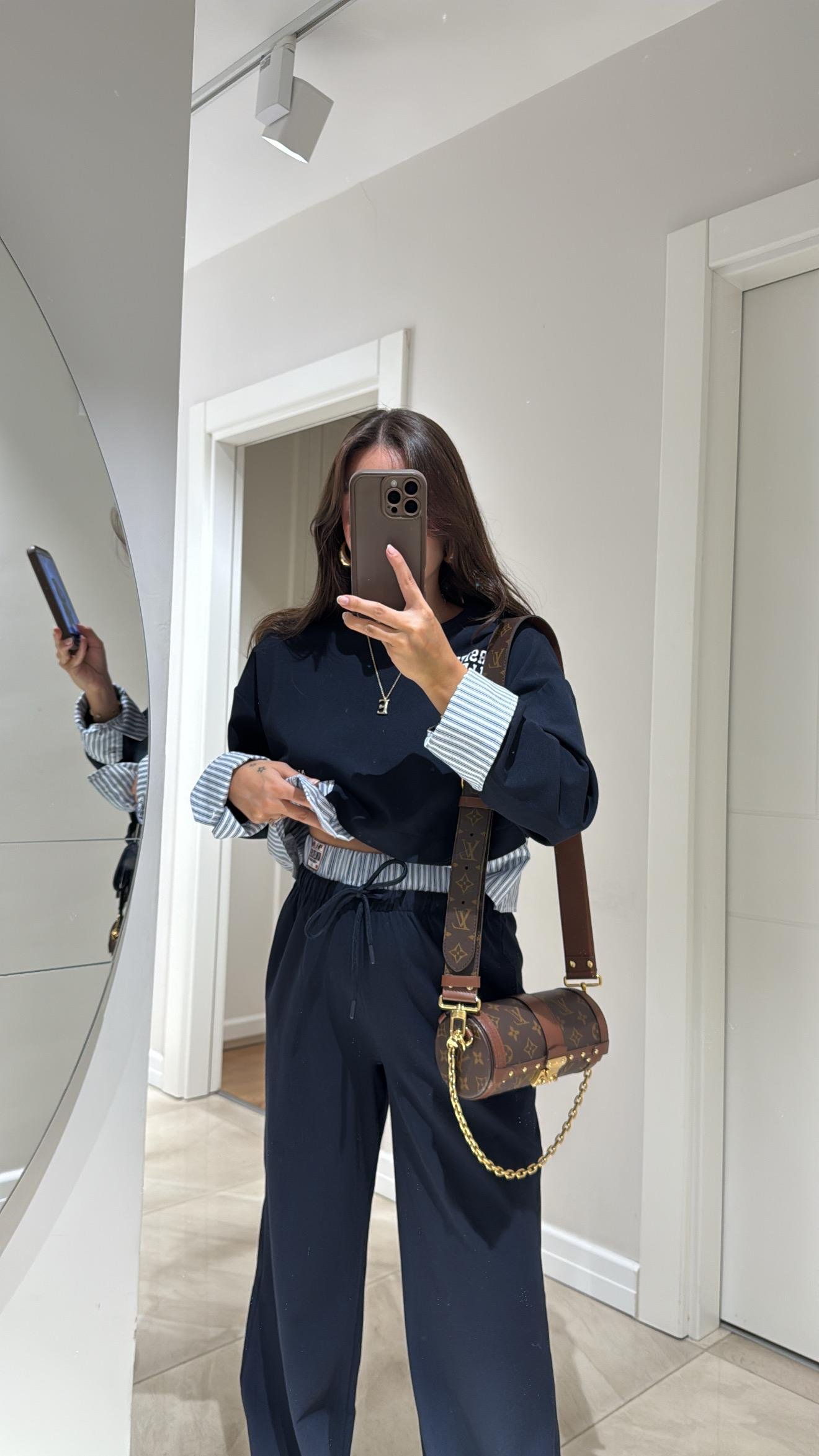 Lacivert Beyaz Çift Bel Görünümlü Pantolon