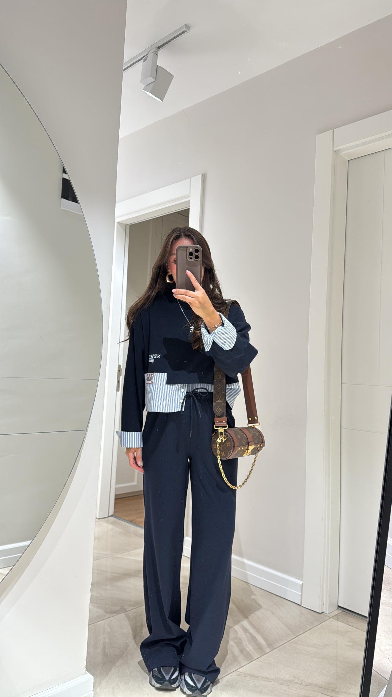 Lacivert Beyaz Çift Bel Görünümlü Pantolon